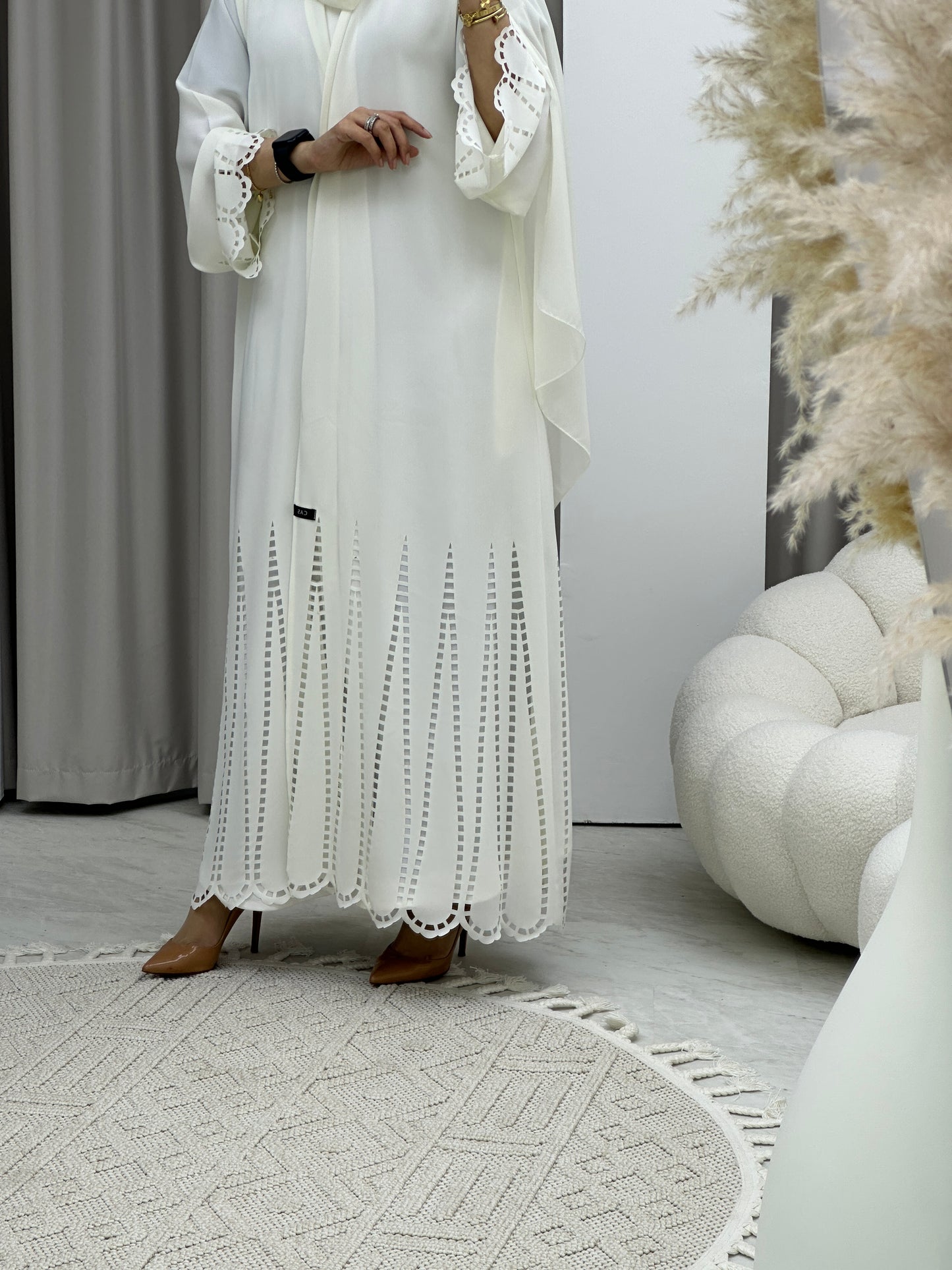 C Laser Cut White Abaya Set