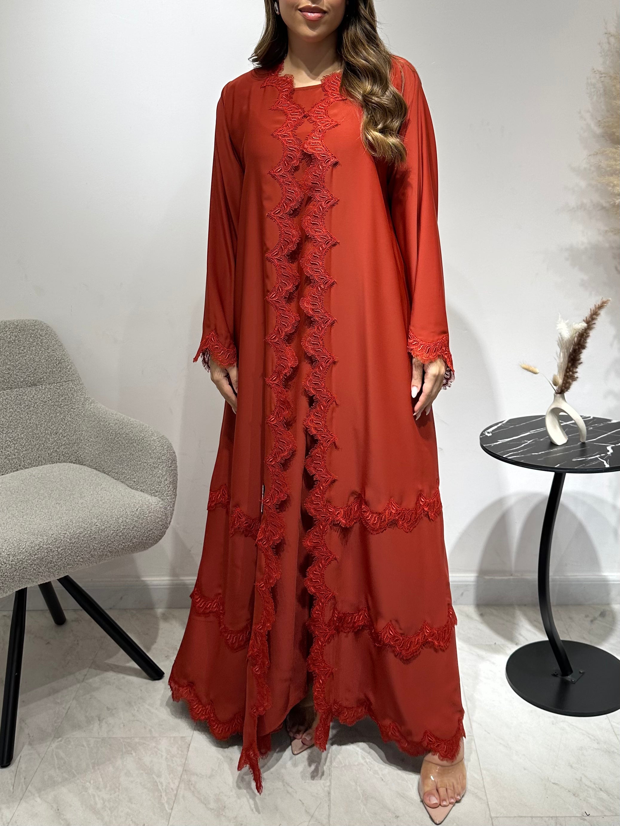 C 1595 Burnt Orange Lace Abaya