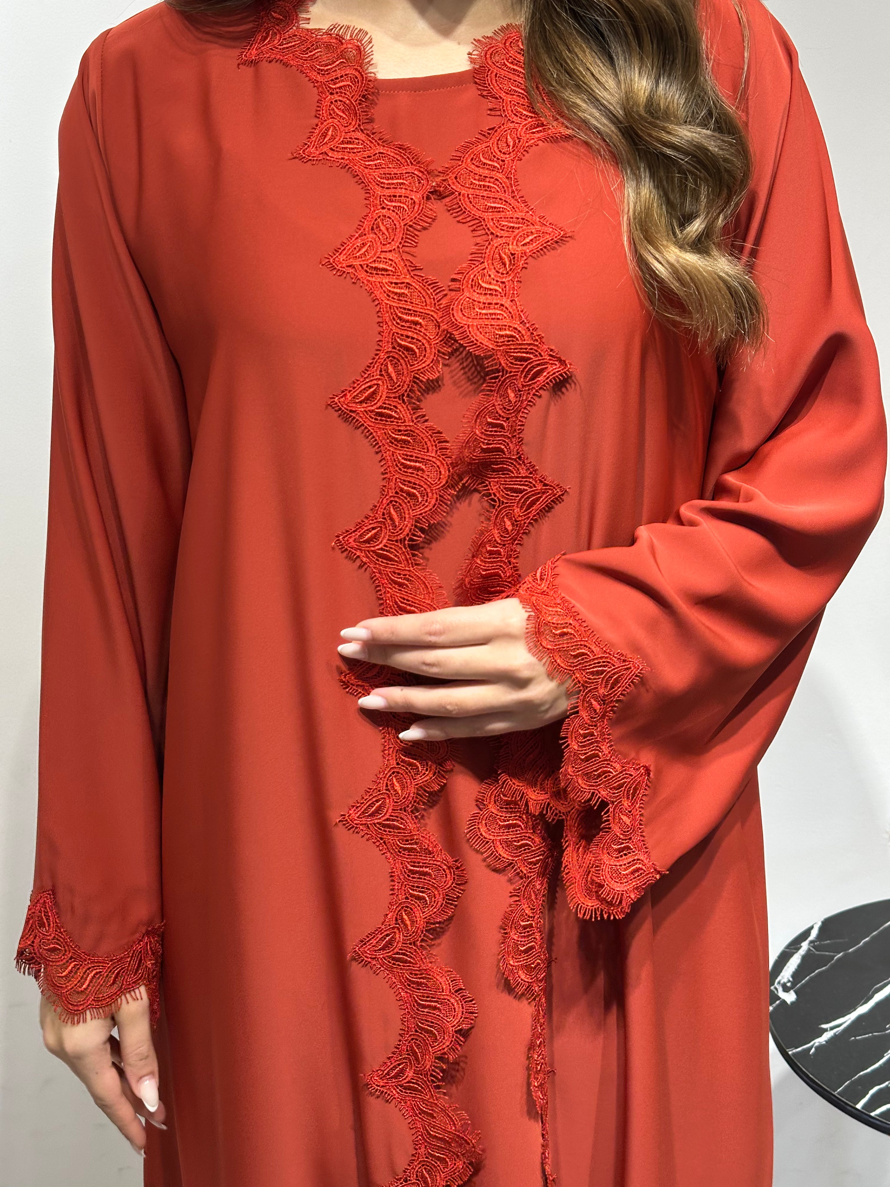 C 1595 Burnt Orange Lace Abaya