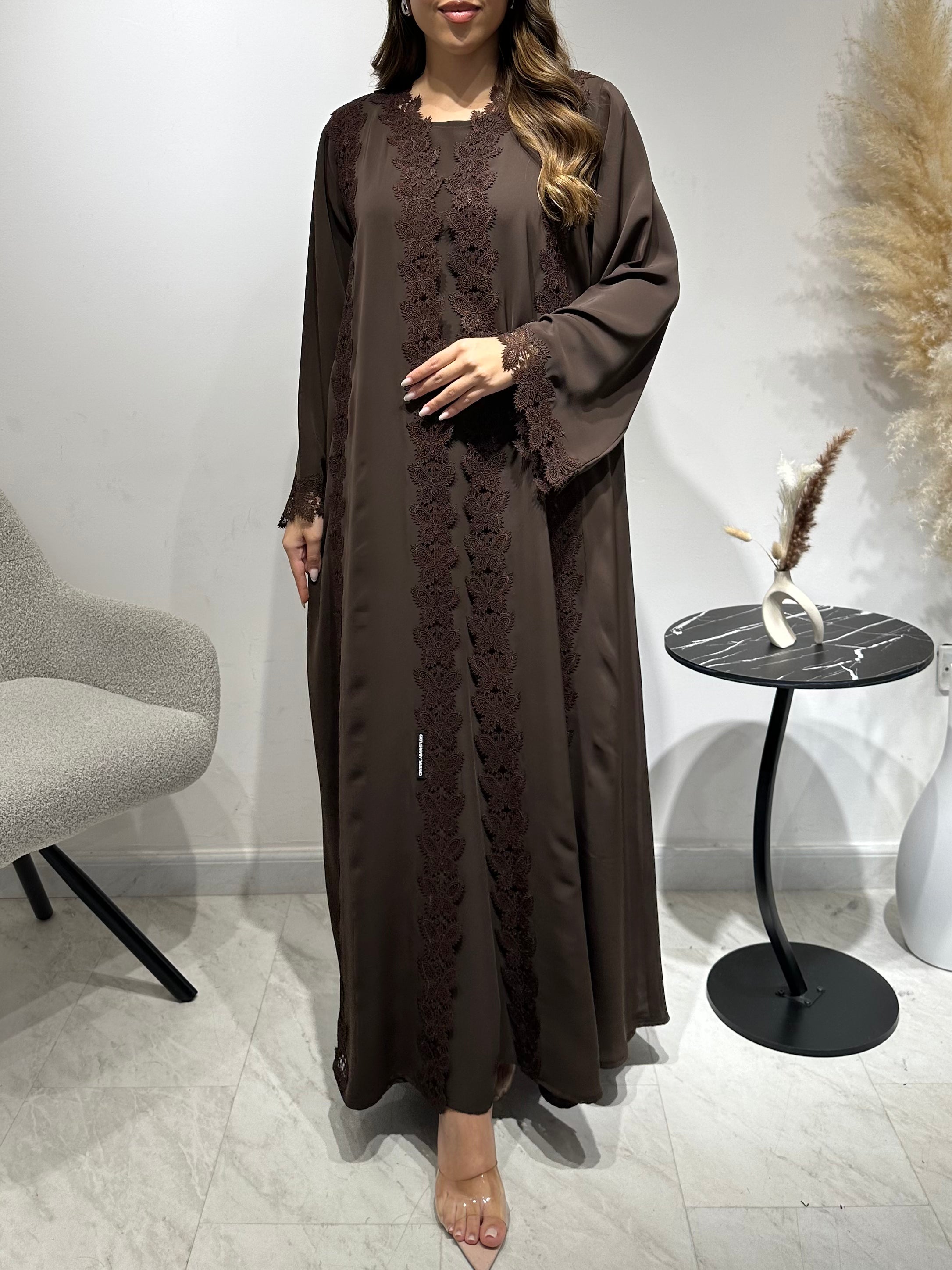 C 1597 Deep Brown Lace Abaya