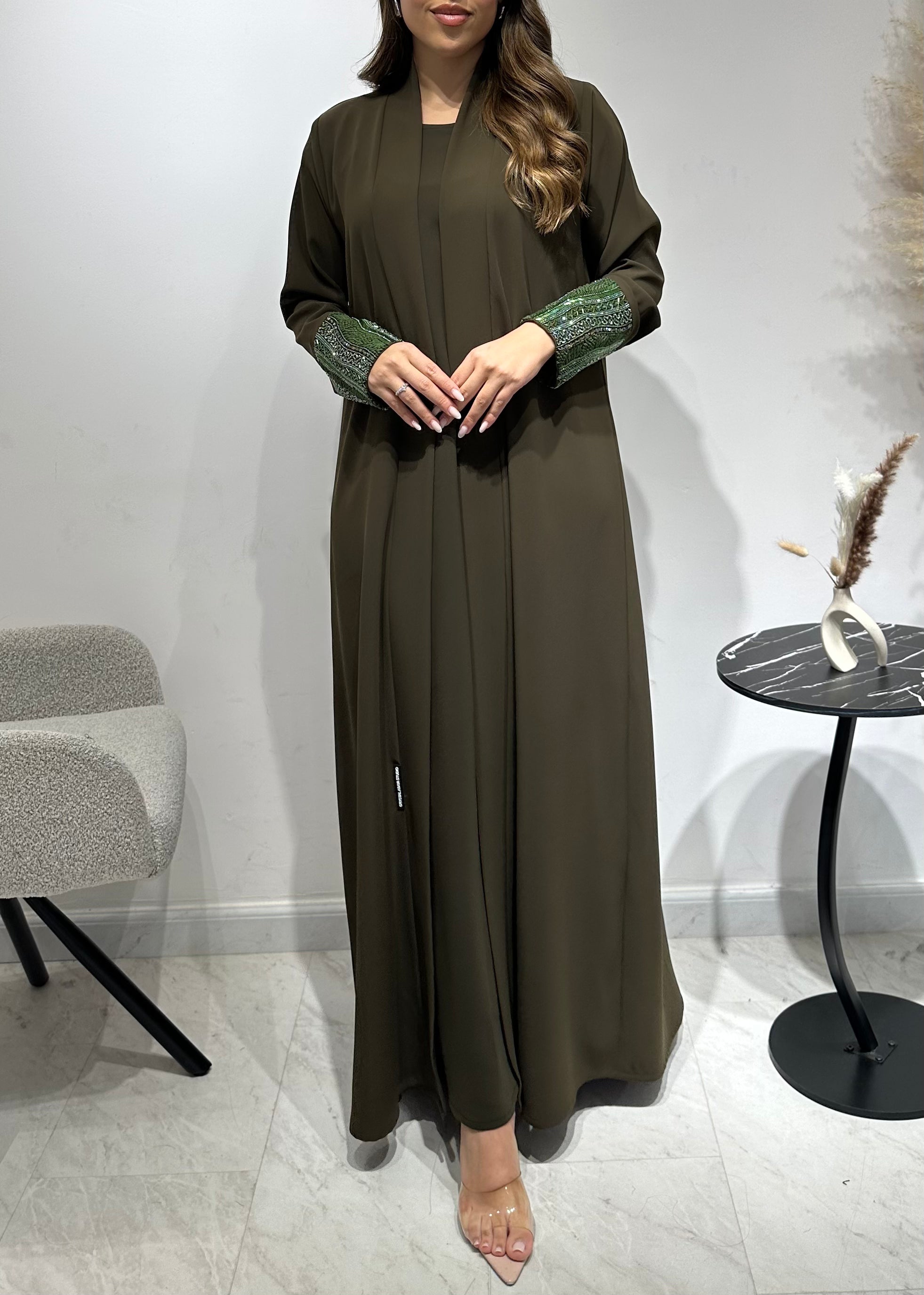 C 1551-02 Olive Beaded Abaya