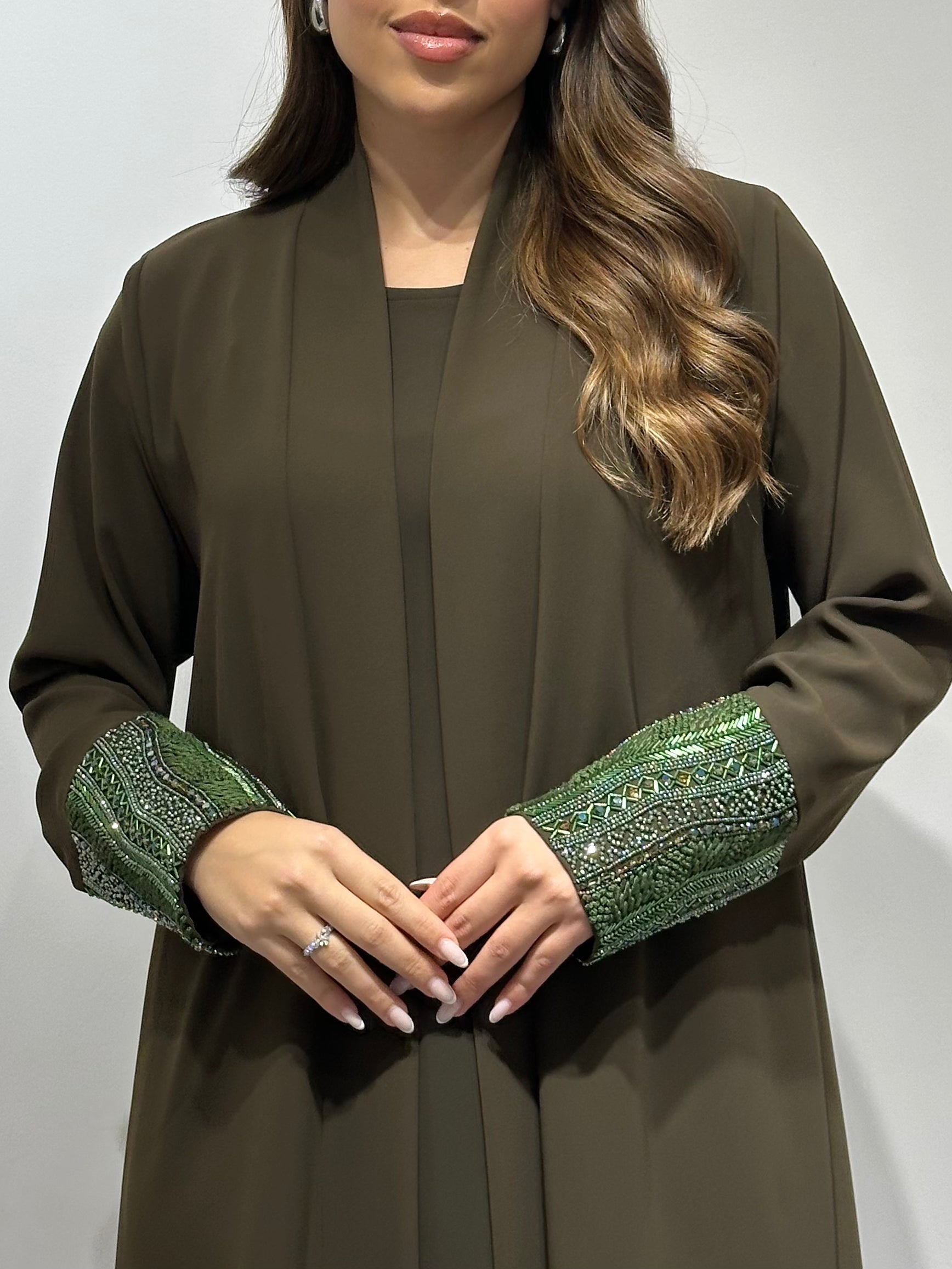 C 1551-02 Olive Beaded Abaya