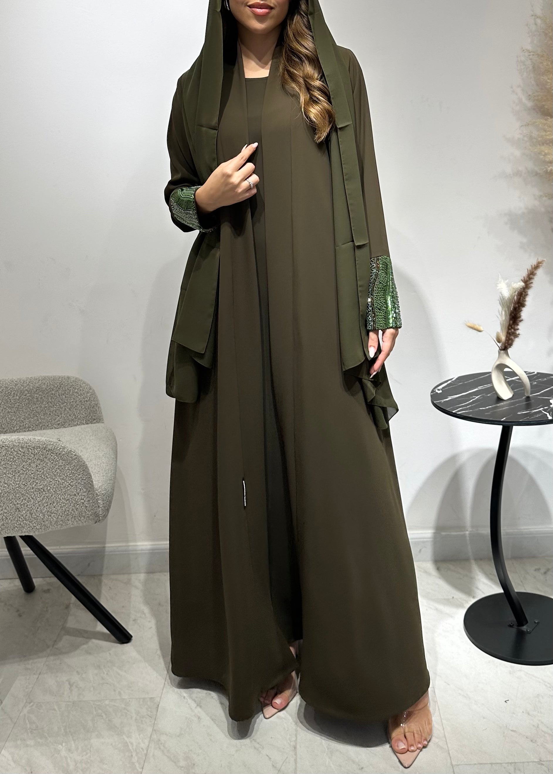 C 1551-02 Olive Beaded Abaya