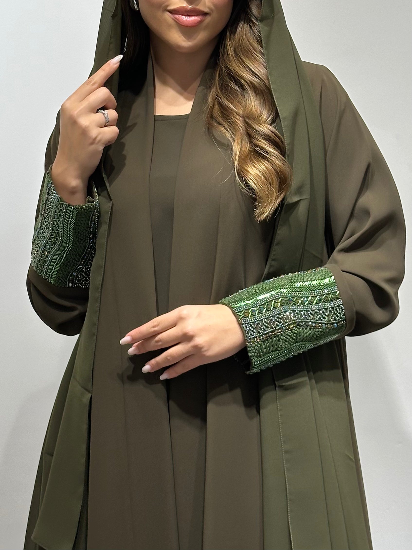 C 1551-02 Olive Beaded Abaya