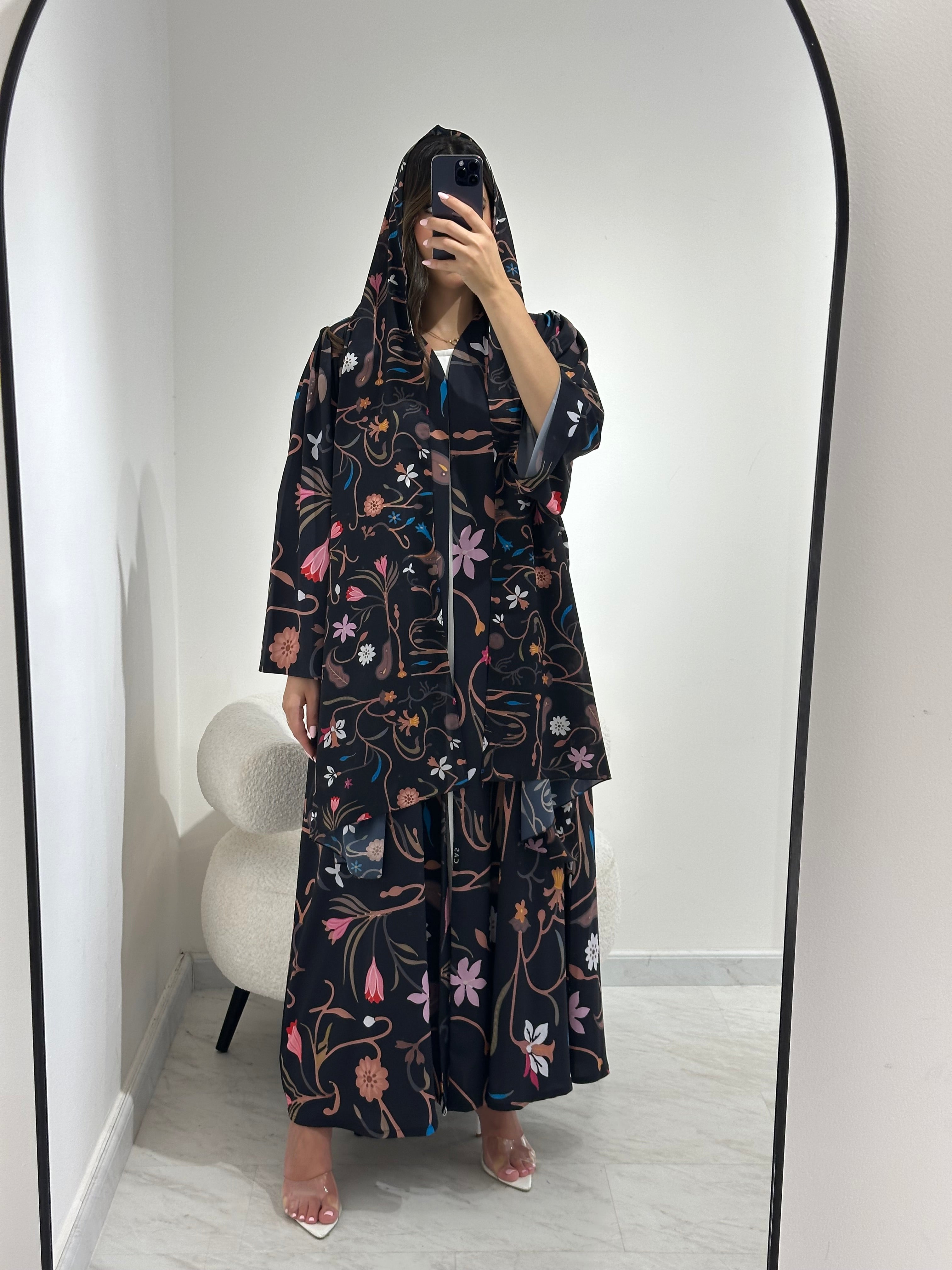 C 1372 Black Floral Printed Abaya