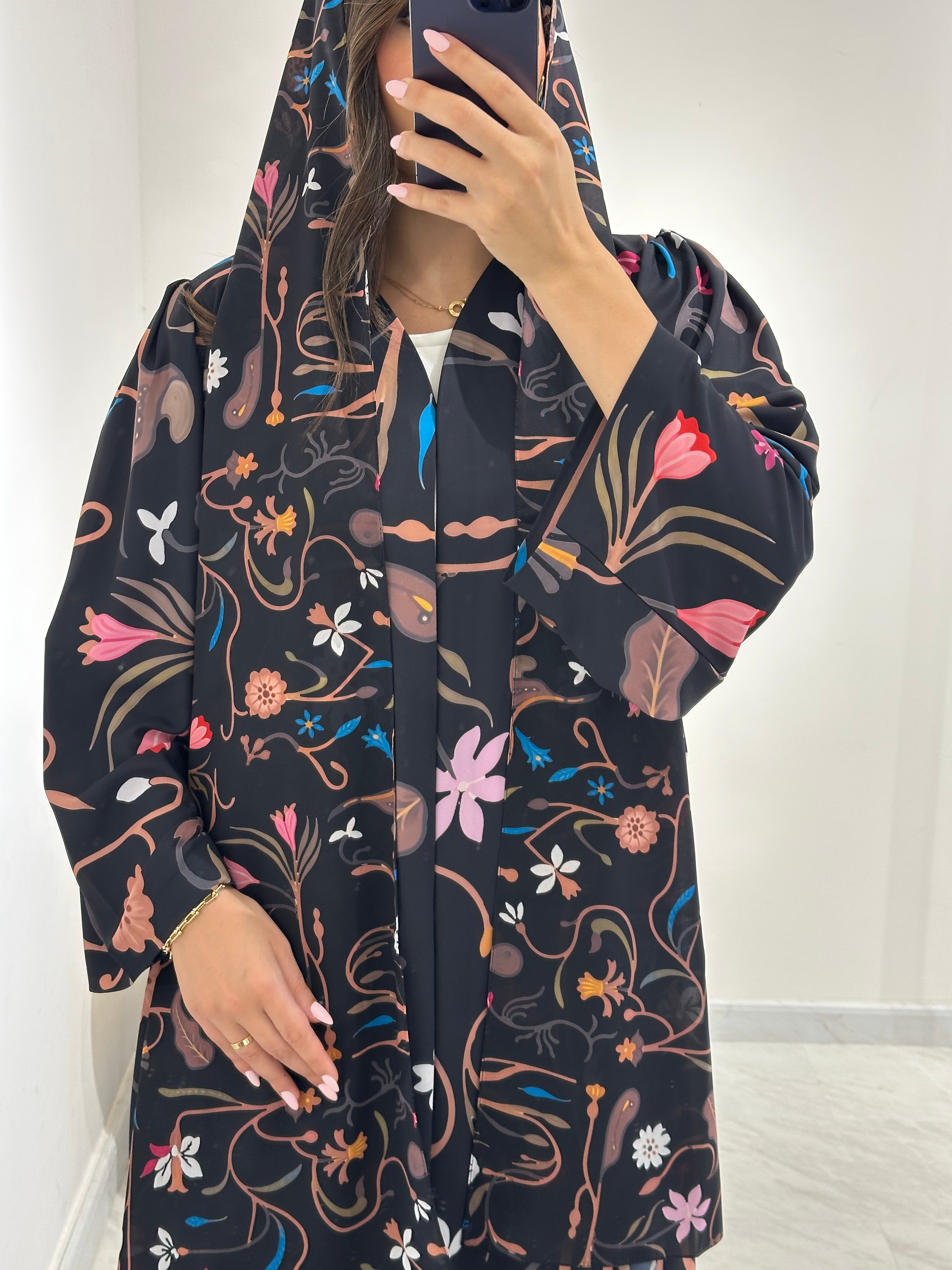 C 1372 Black Floral Printed Abaya