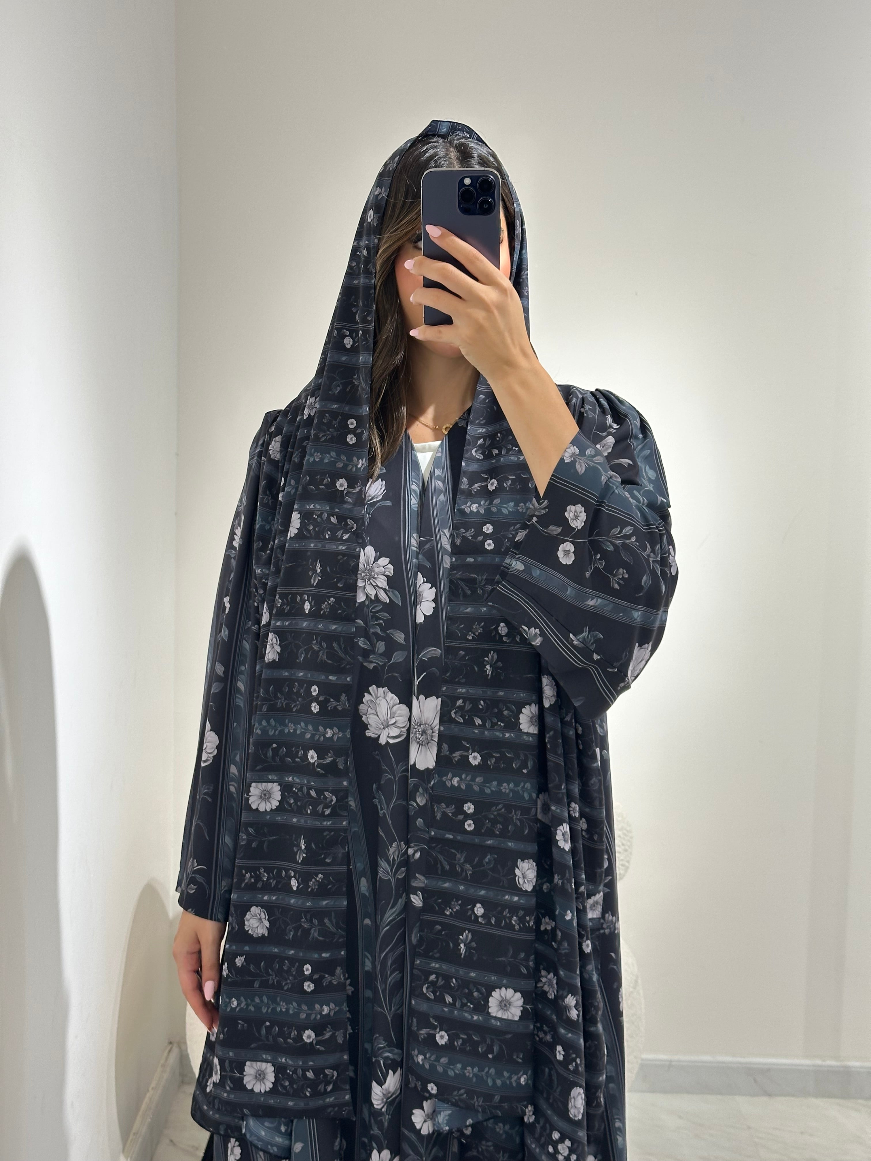 C 1373 Dark Grey Floral Abaya