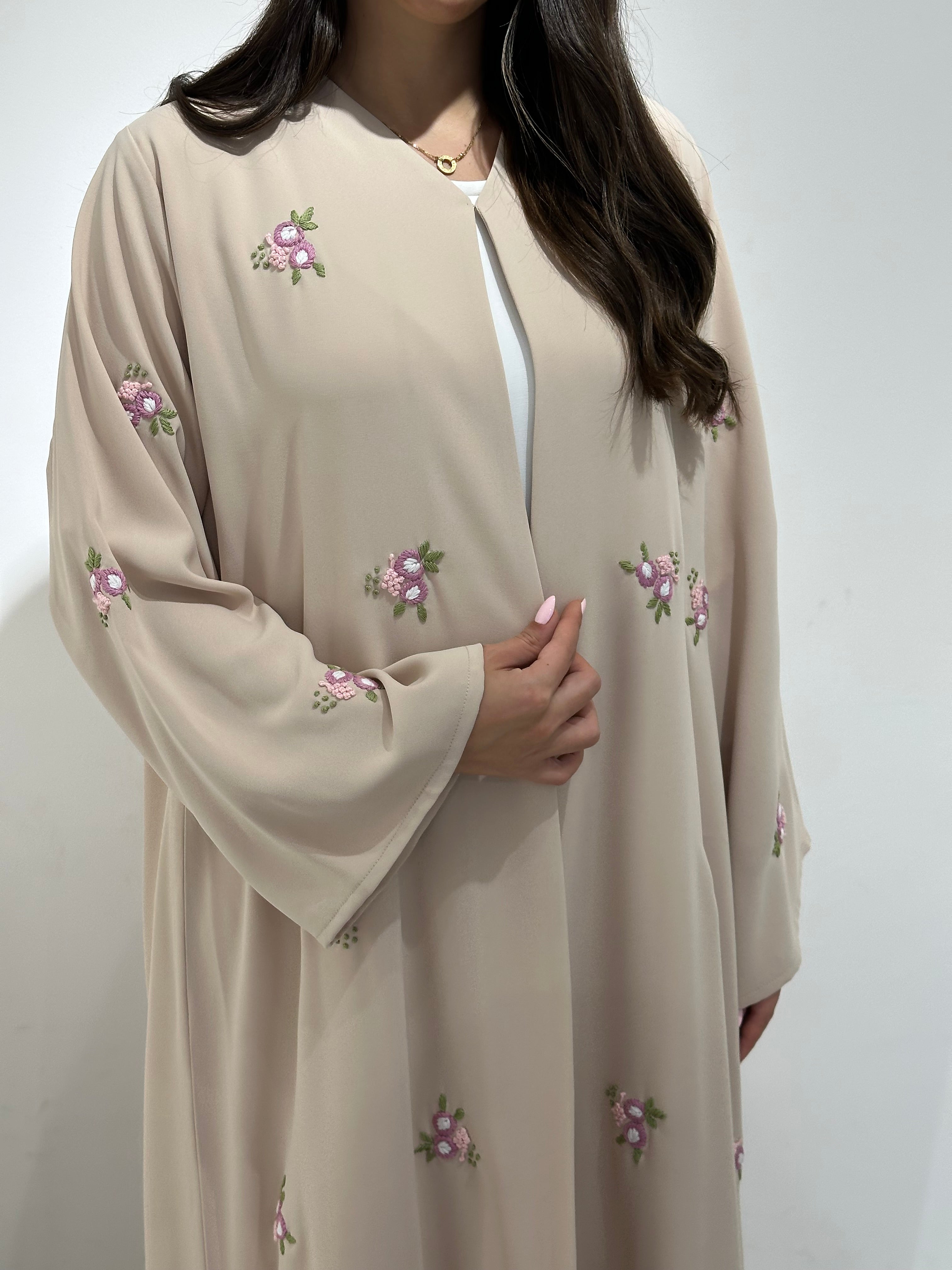 C 1376 Beige Floral Embroidered Abaya