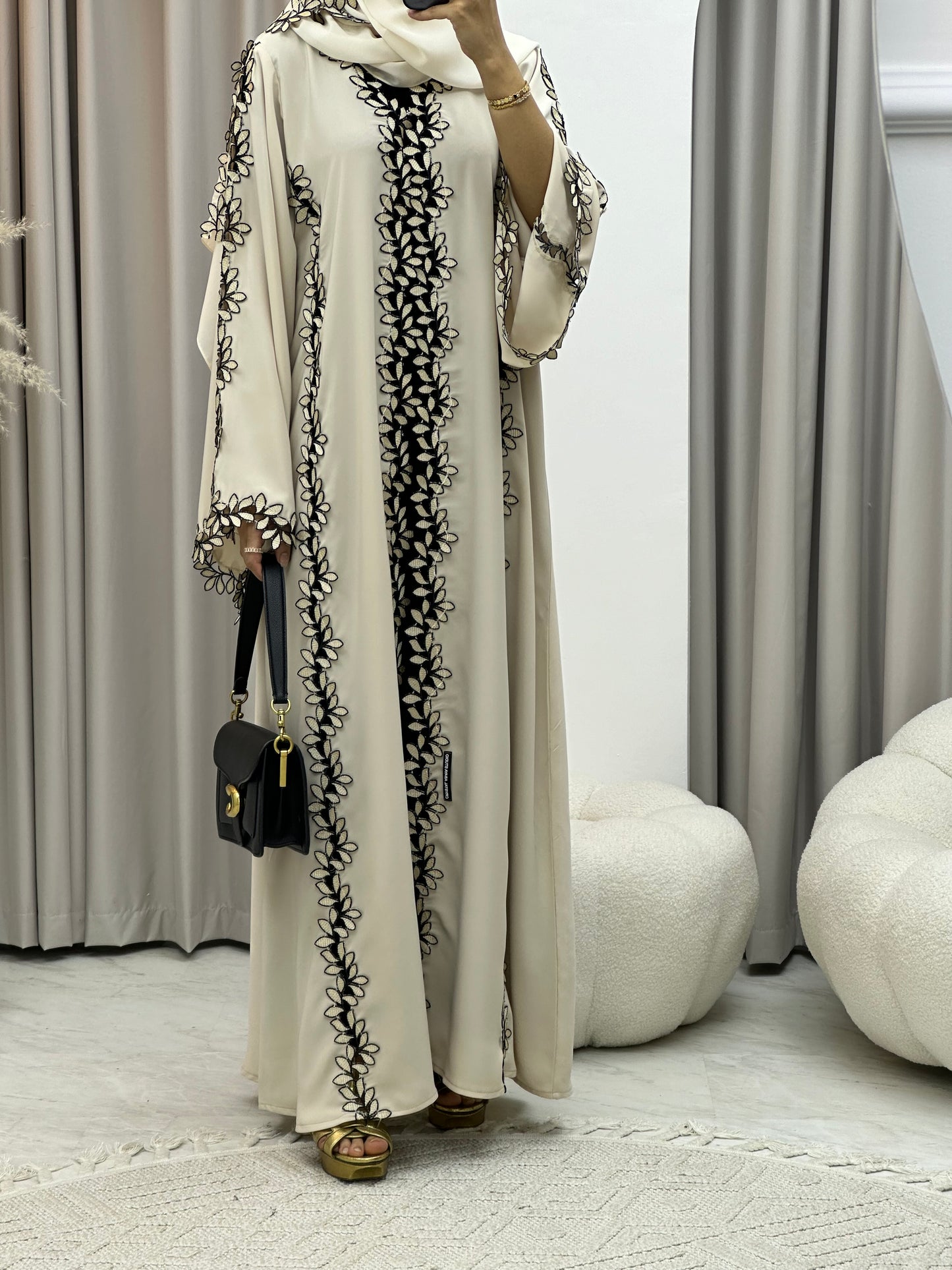 C 0217-02 Beige Floral Lace Abaya