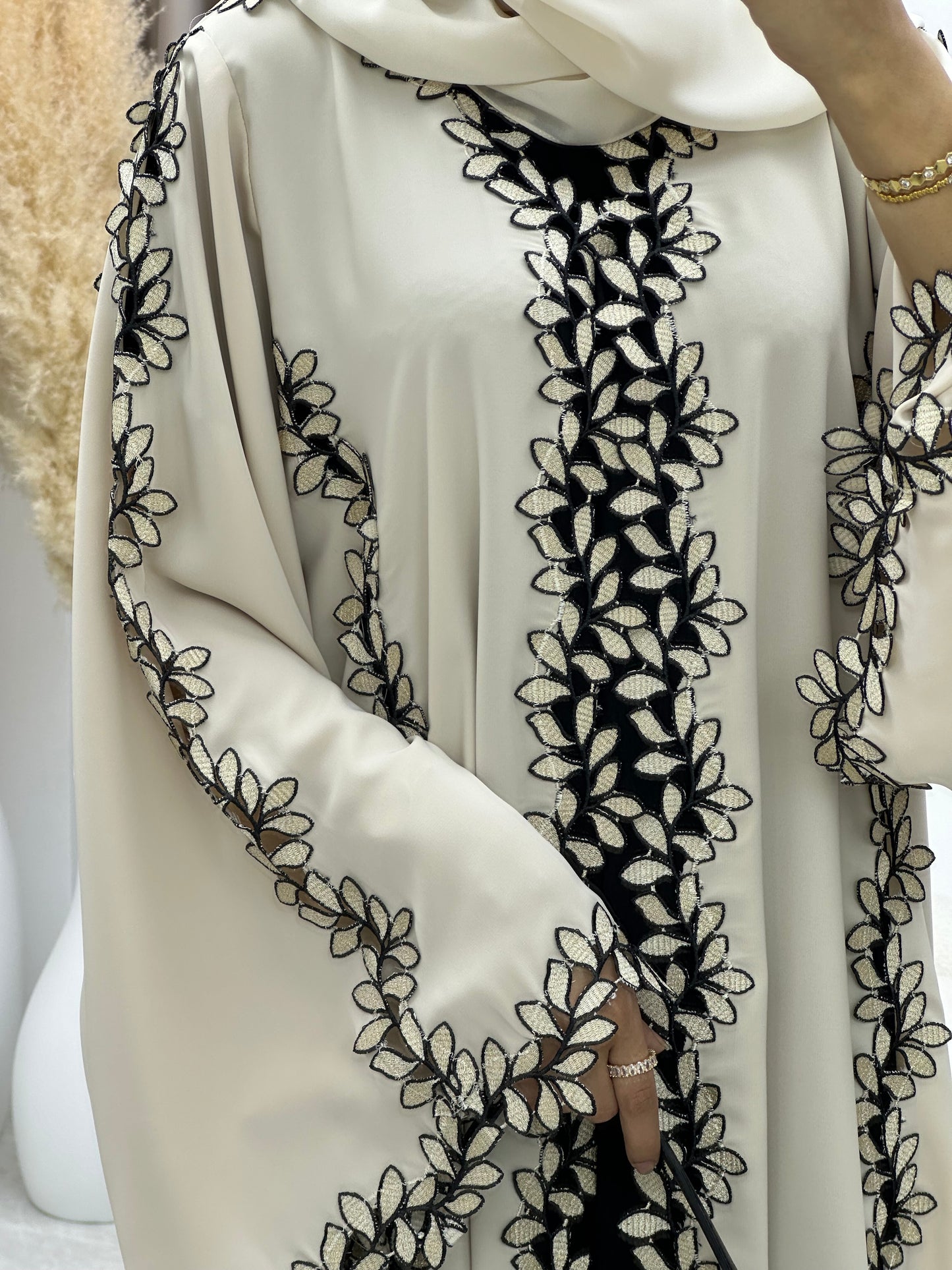 C 0217-02 Beige Floral Lace Abaya