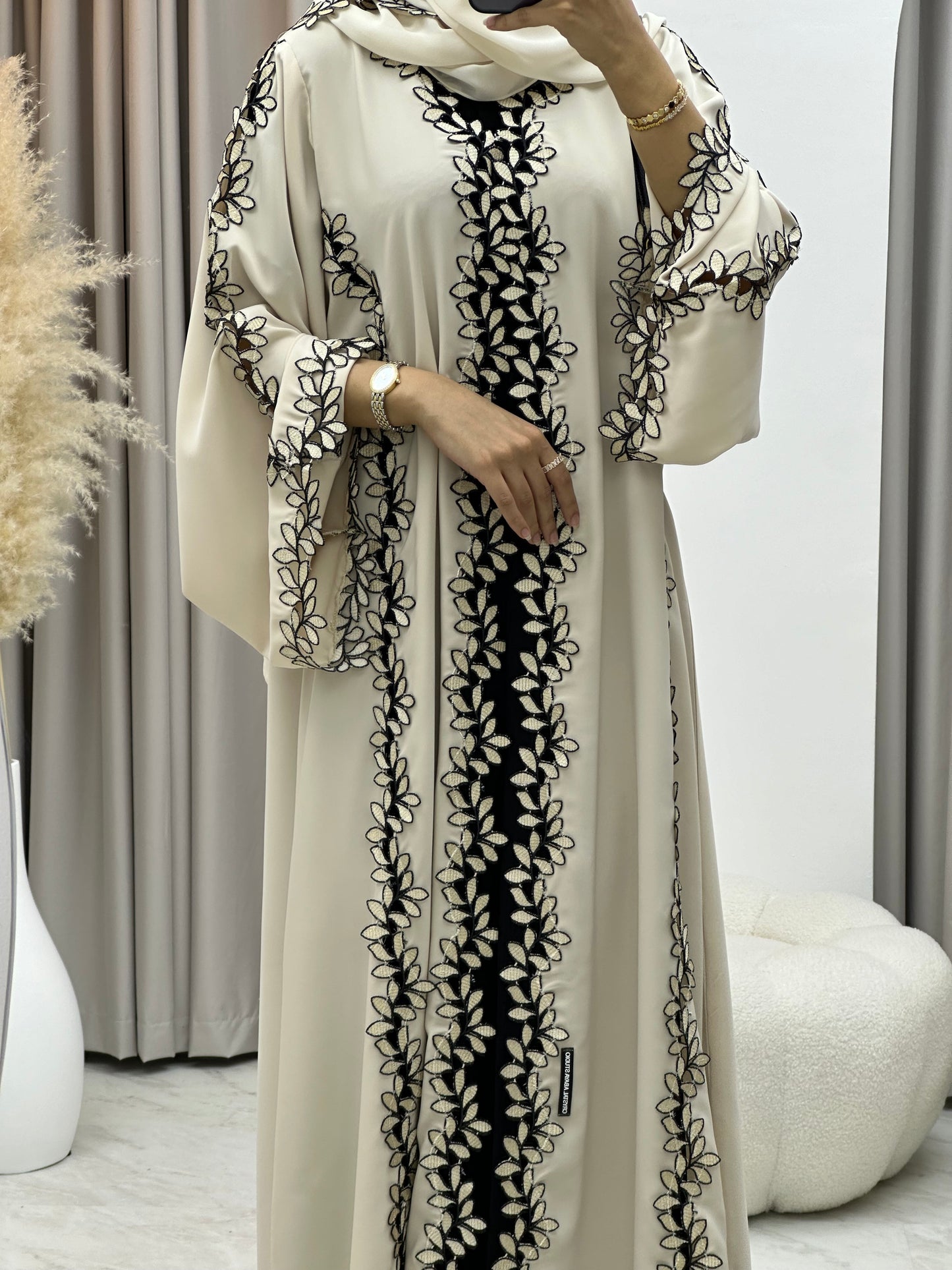 C 0217-02 Beige Floral Lace Abaya