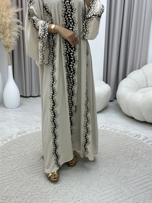 C 0217-02 Beige Floral Lace Abaya