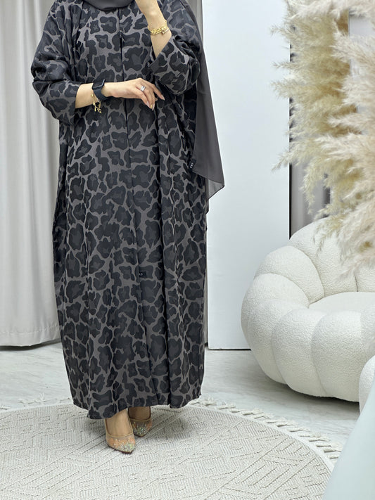 C Leopard Print Grey Winter Abaya
