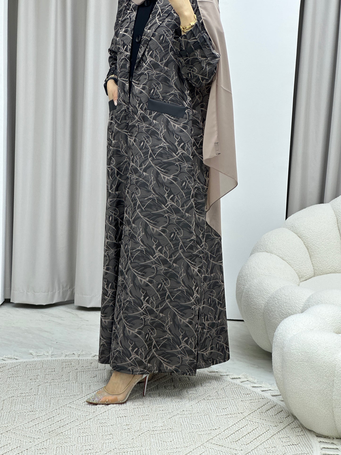 C Swirl Print Beige Coat Abaya