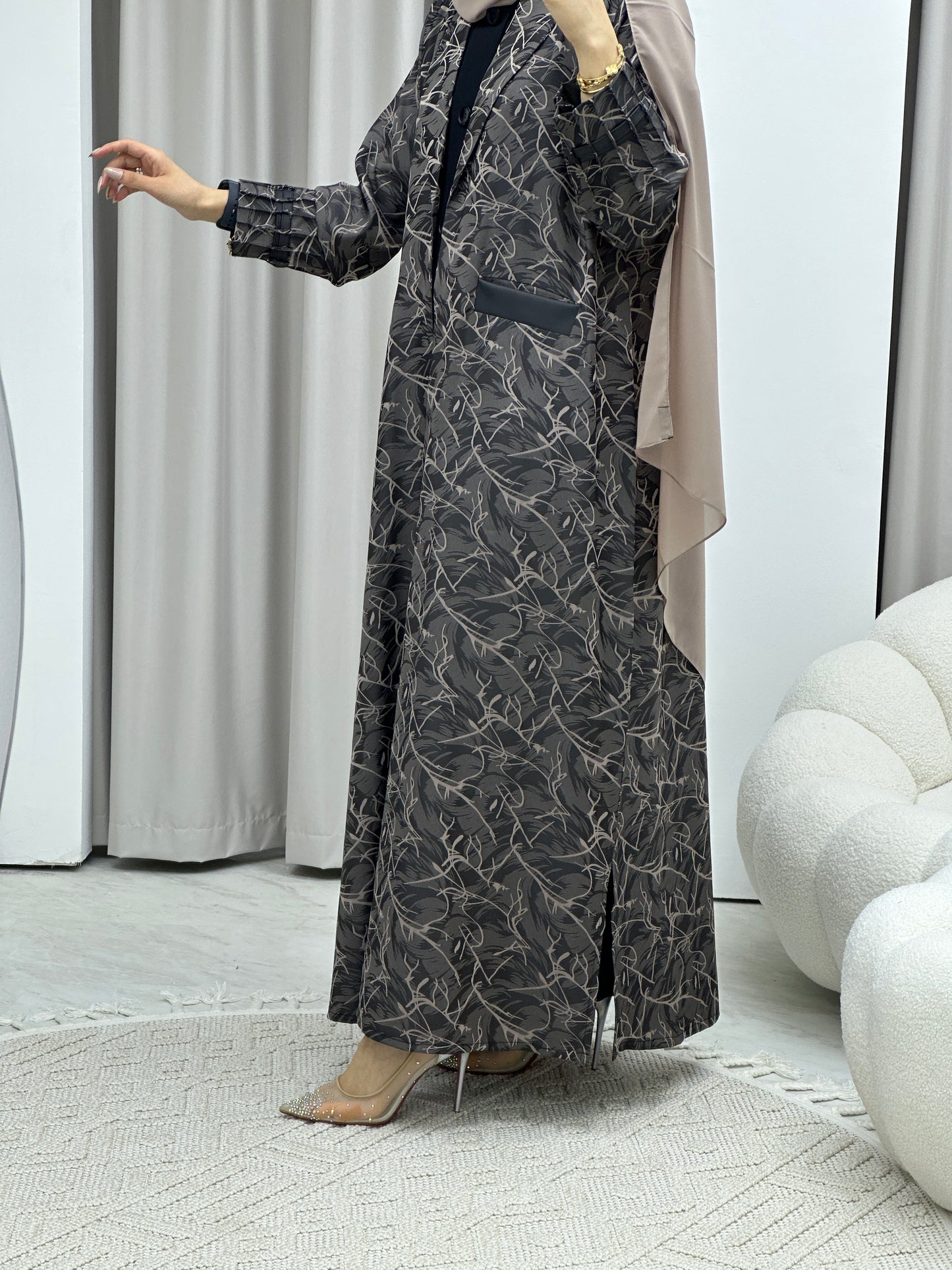 C Swirl Print Beige Coat Abaya