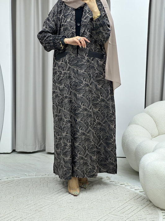 C Swirl Print Beige Coat Abaya