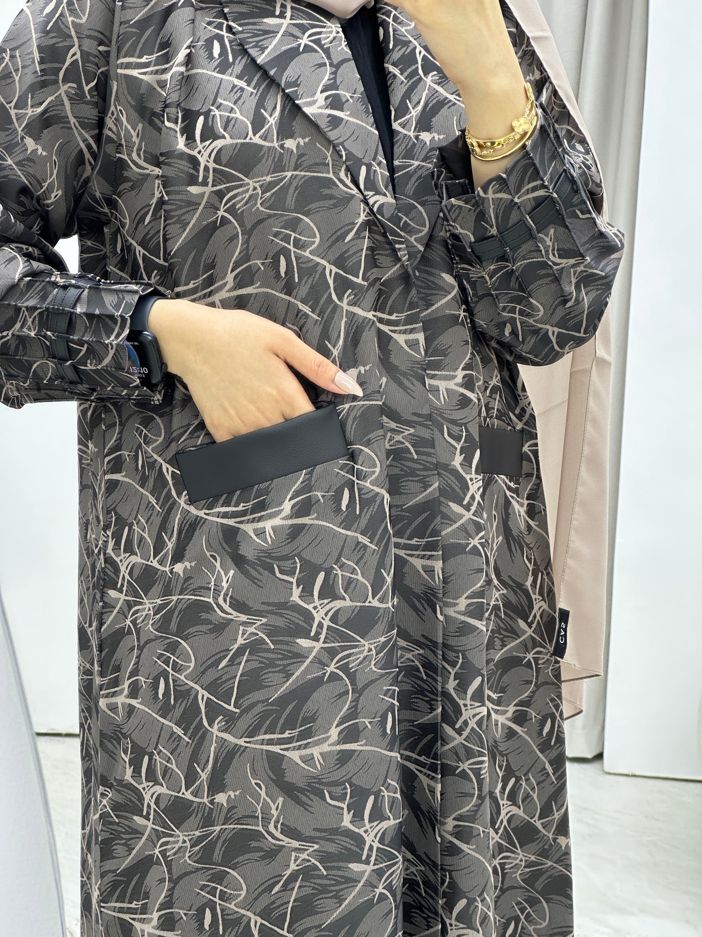 C Swirl Print Beige Coat Abaya