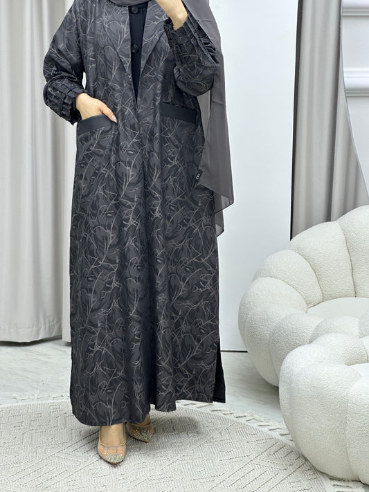 C Swirl Print Grey Coat Abaya