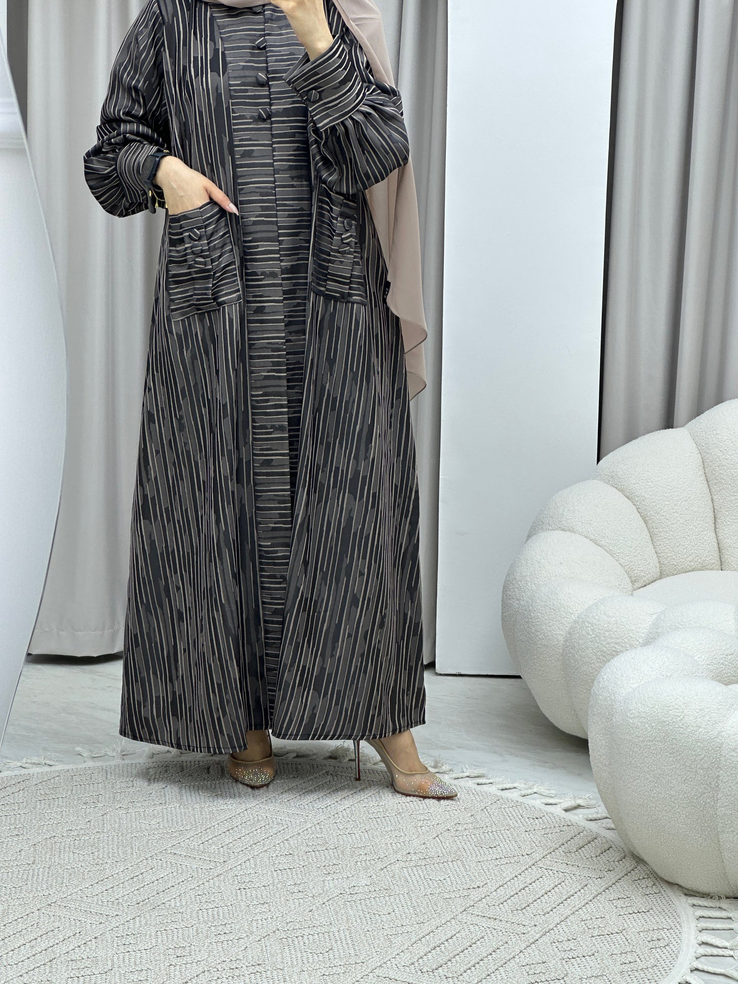 C RTW Stripe Print Beige Abaya