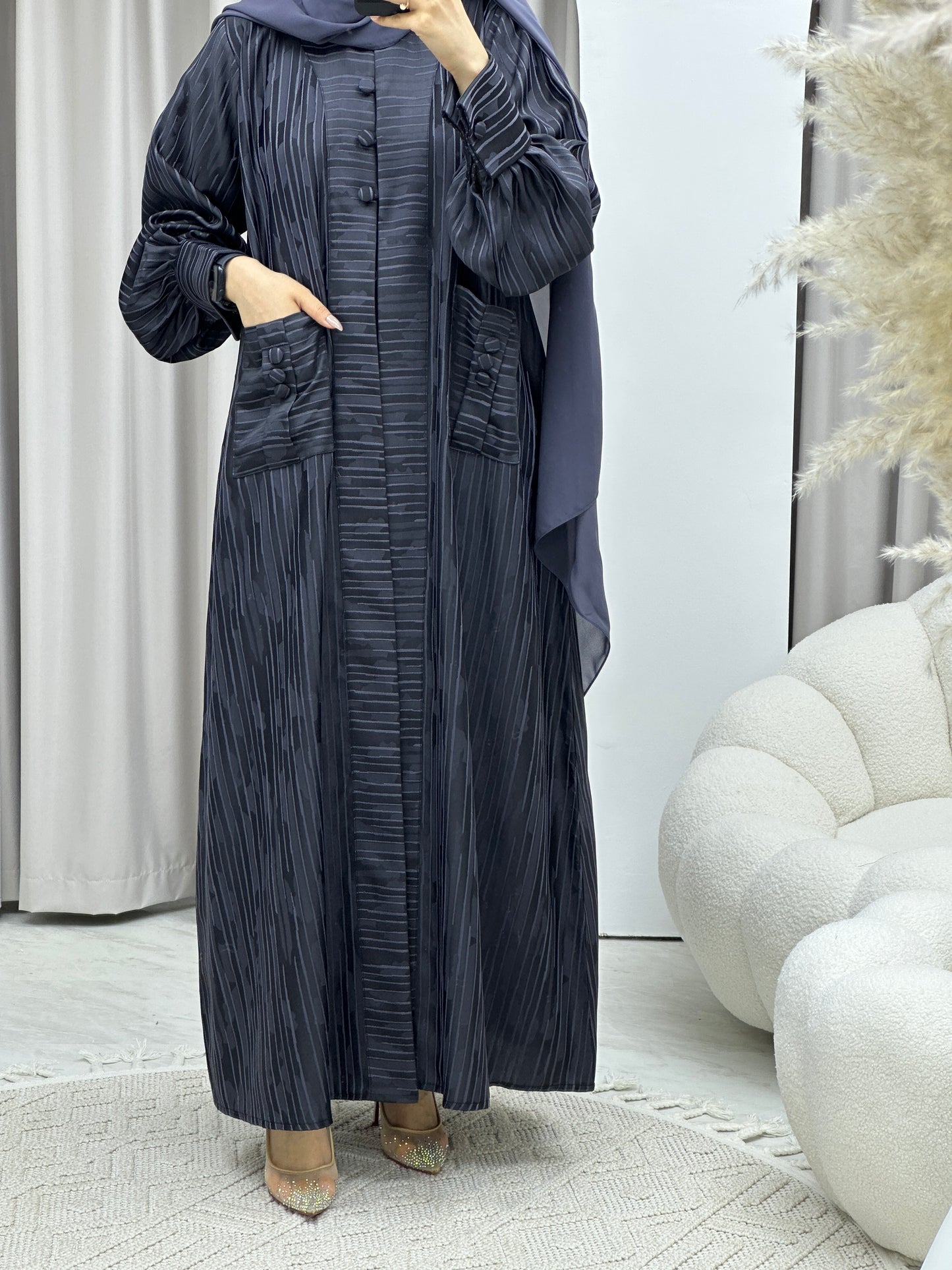 C Stripe Print Blue Abaya