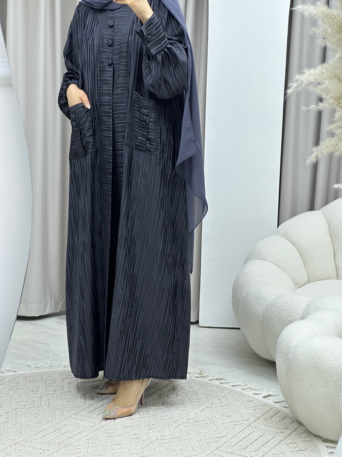 C Stripe Print Blue Abaya