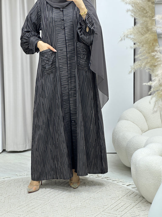 C Stripe Print Grey Abaya