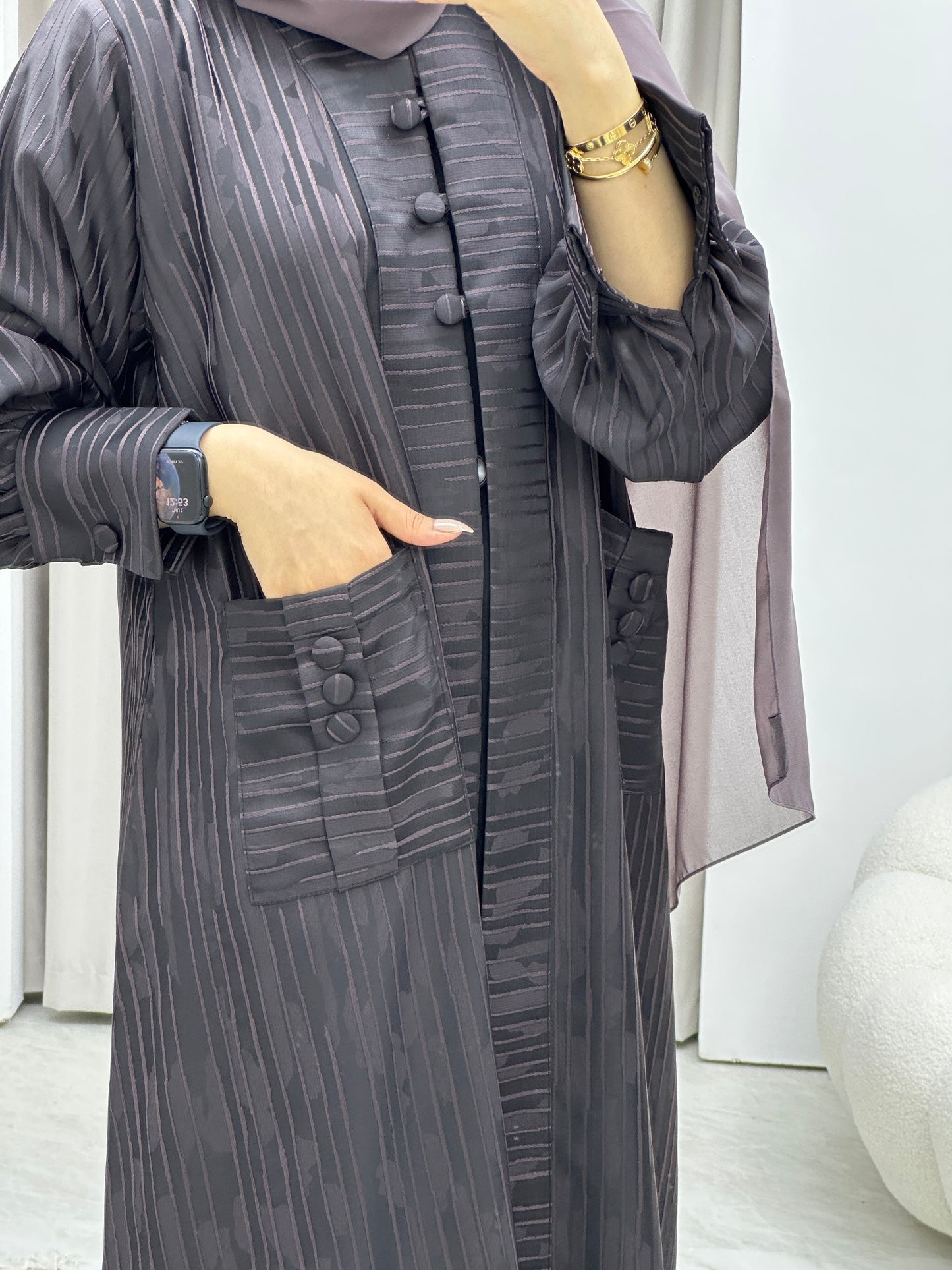 C Stripe Print Purple Abaya