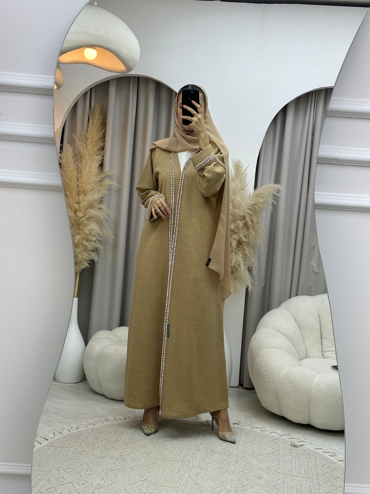 C 0010 Crystal Bisht Beige Eid Abaya