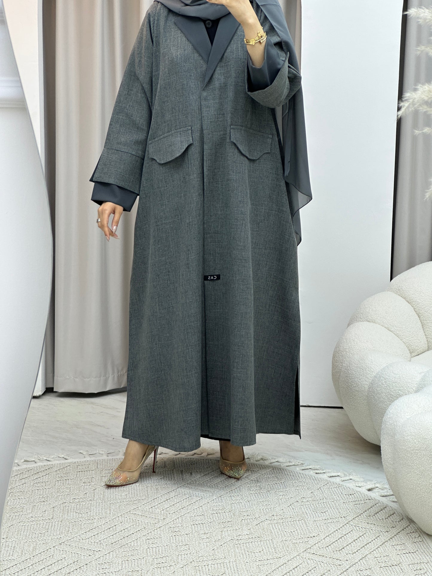 C Linen Grey Winter Coat Abaya