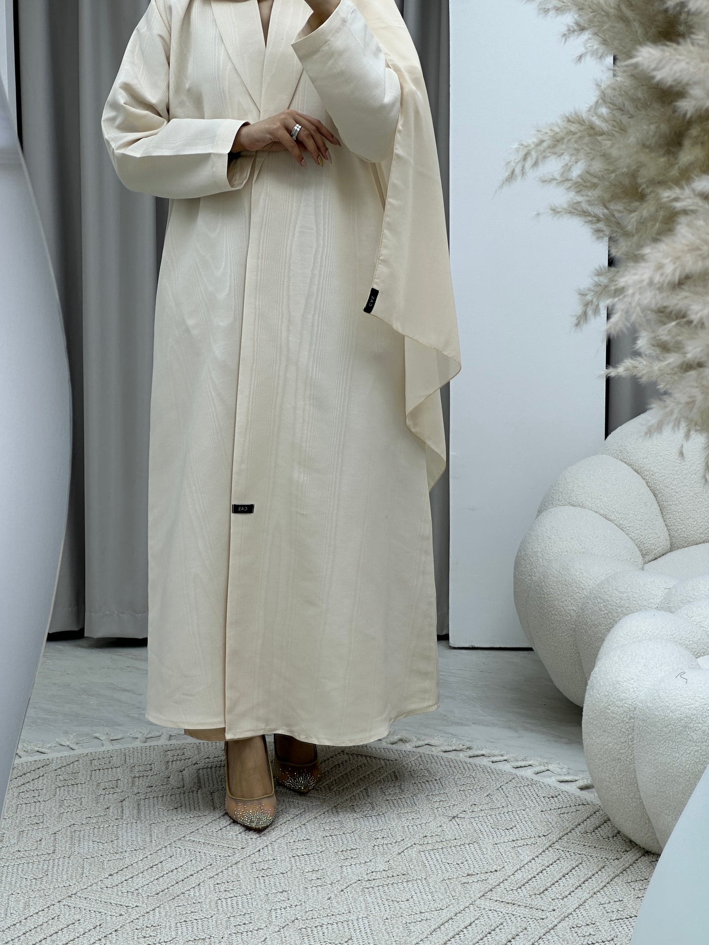 C RTW Premium Jacquard Cream Winter Coat Abaya Set