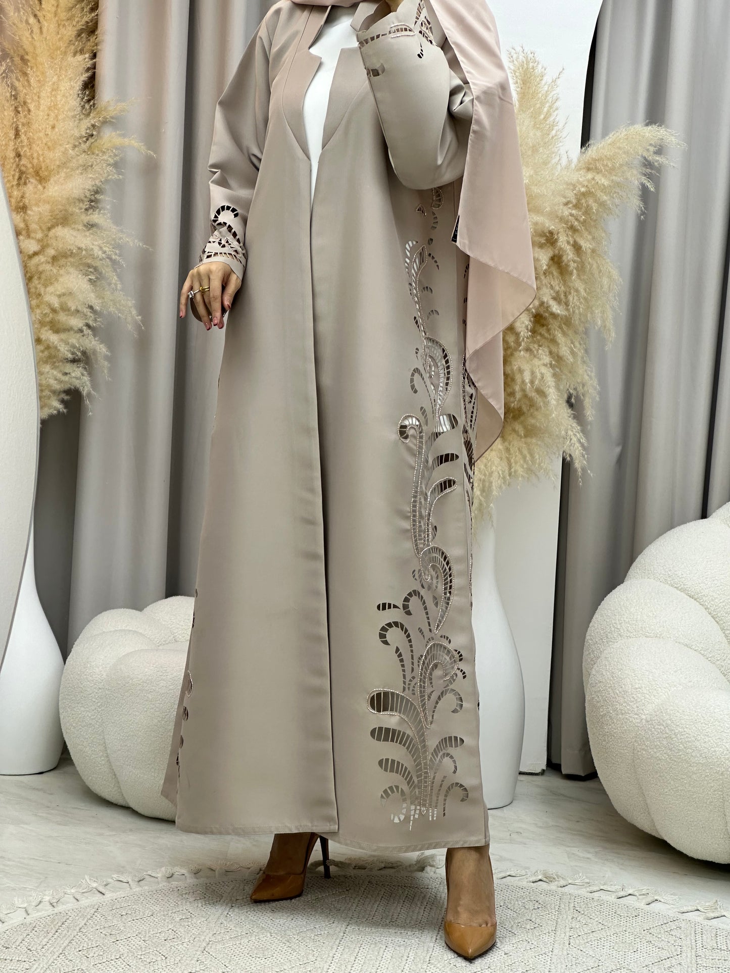 C 0019 Beige Lasercut Eid Abaya