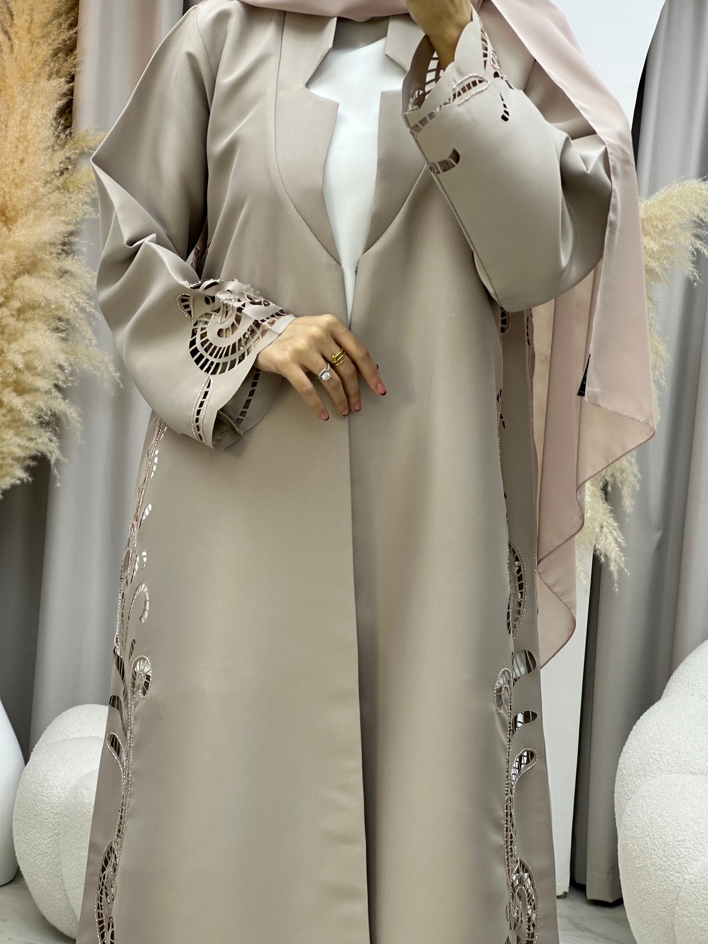 C 0019 Beige Lasercut Eid Abaya