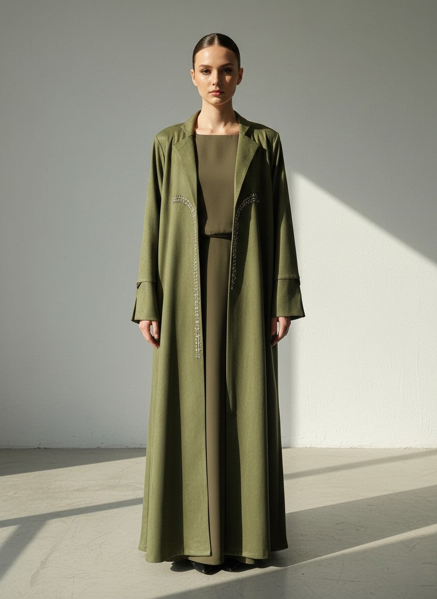 C 1754 Olive Green Beaded Abaya