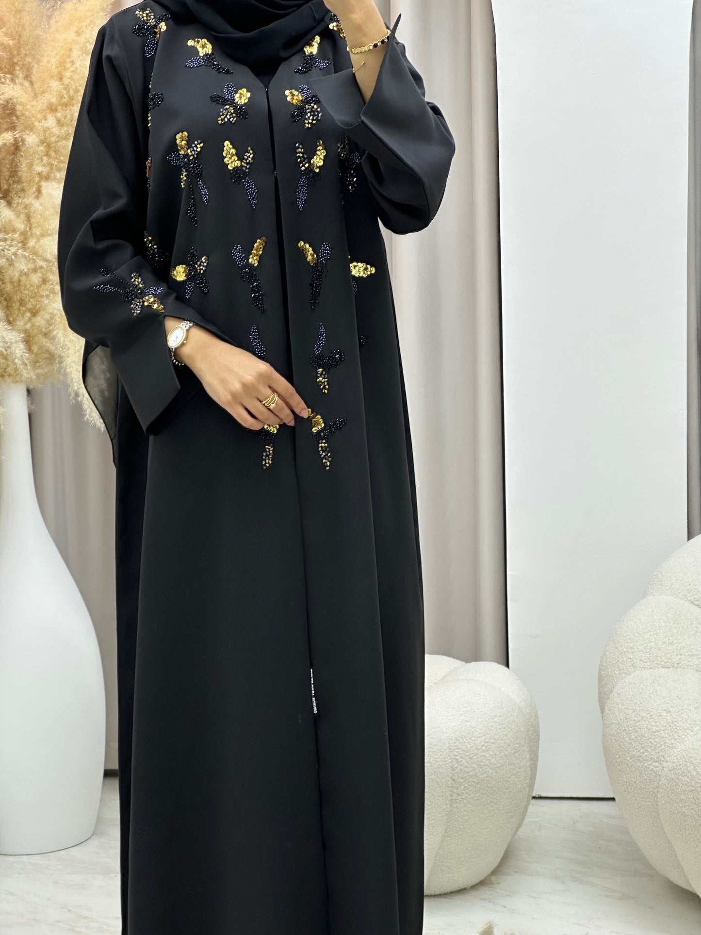 C 0429 Black Gold Beaded Abaya