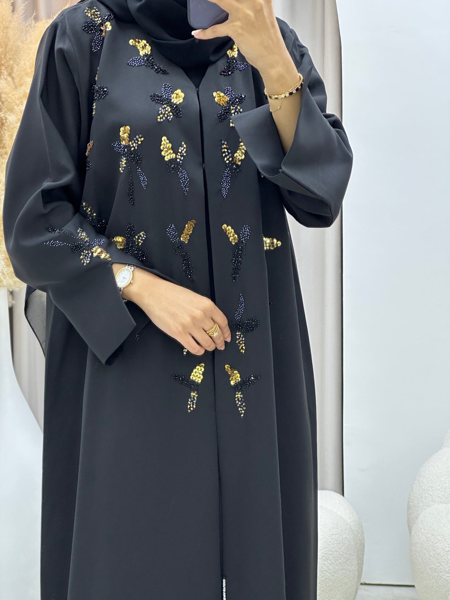 C 0429 Black Gold Beaded Abaya