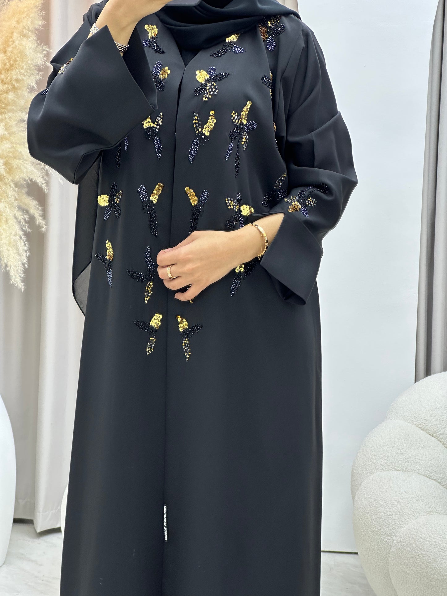 C 0429 Black Gold Beaded Abaya