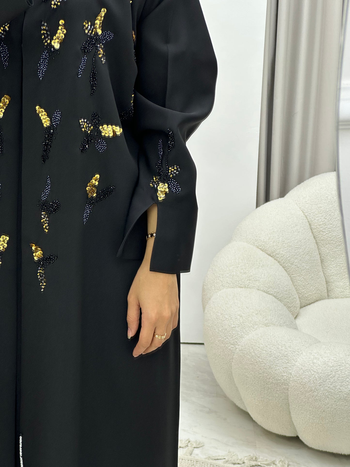 C 0429 Black Gold Beaded Abaya