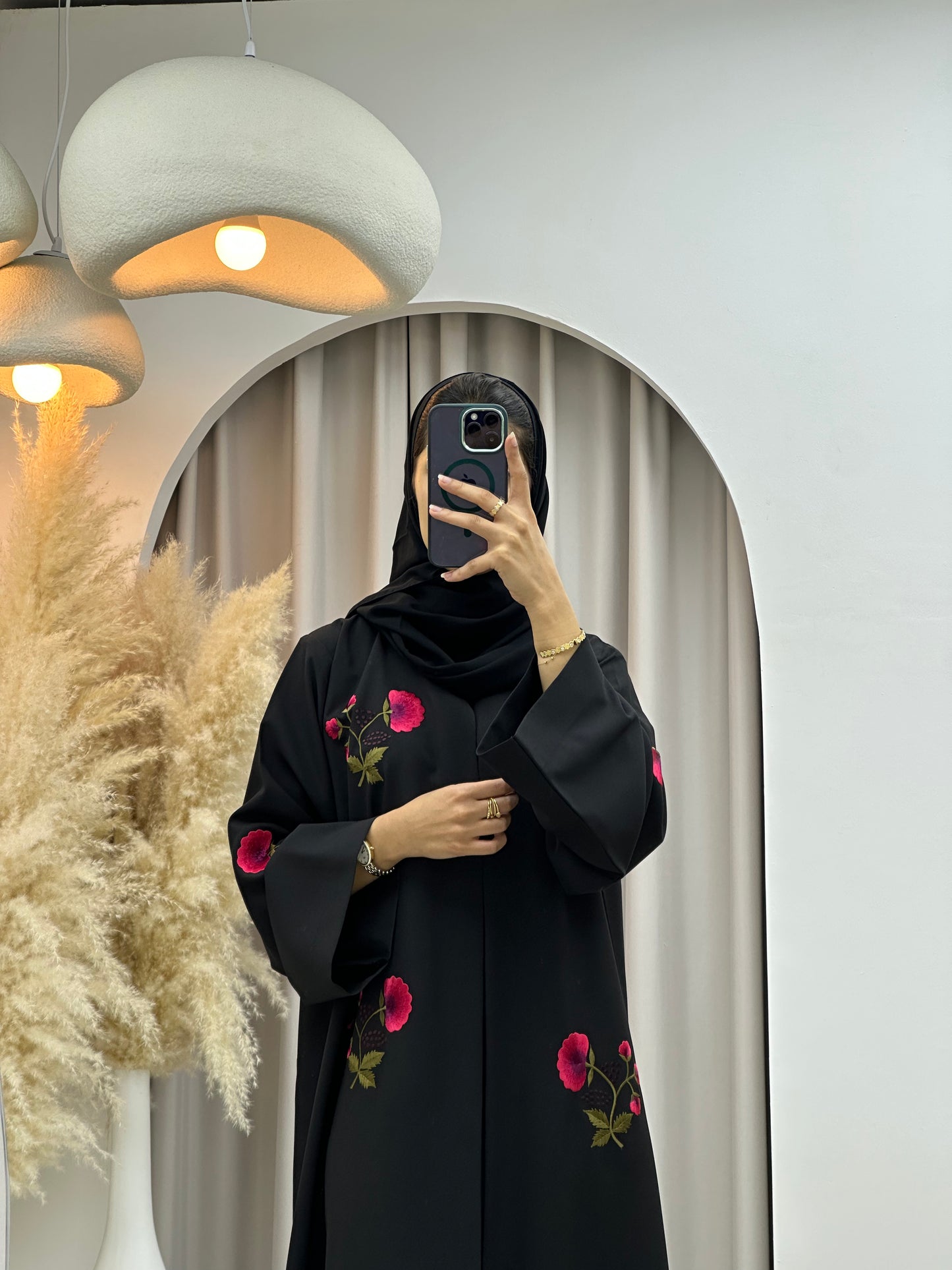 C 0434 Black Pink Floral Abaya