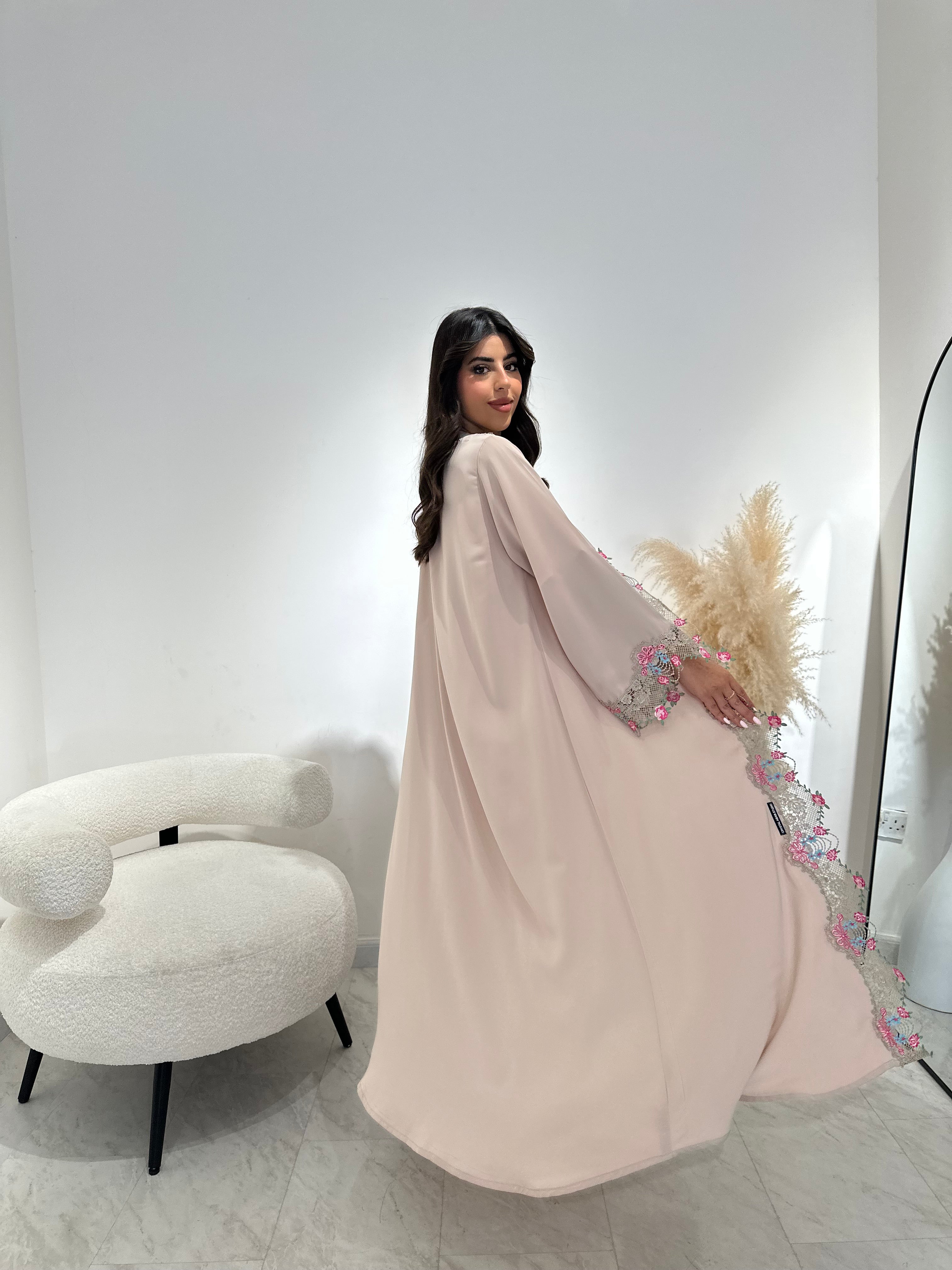 C 1418-01 Beige Floral Lace Abaya