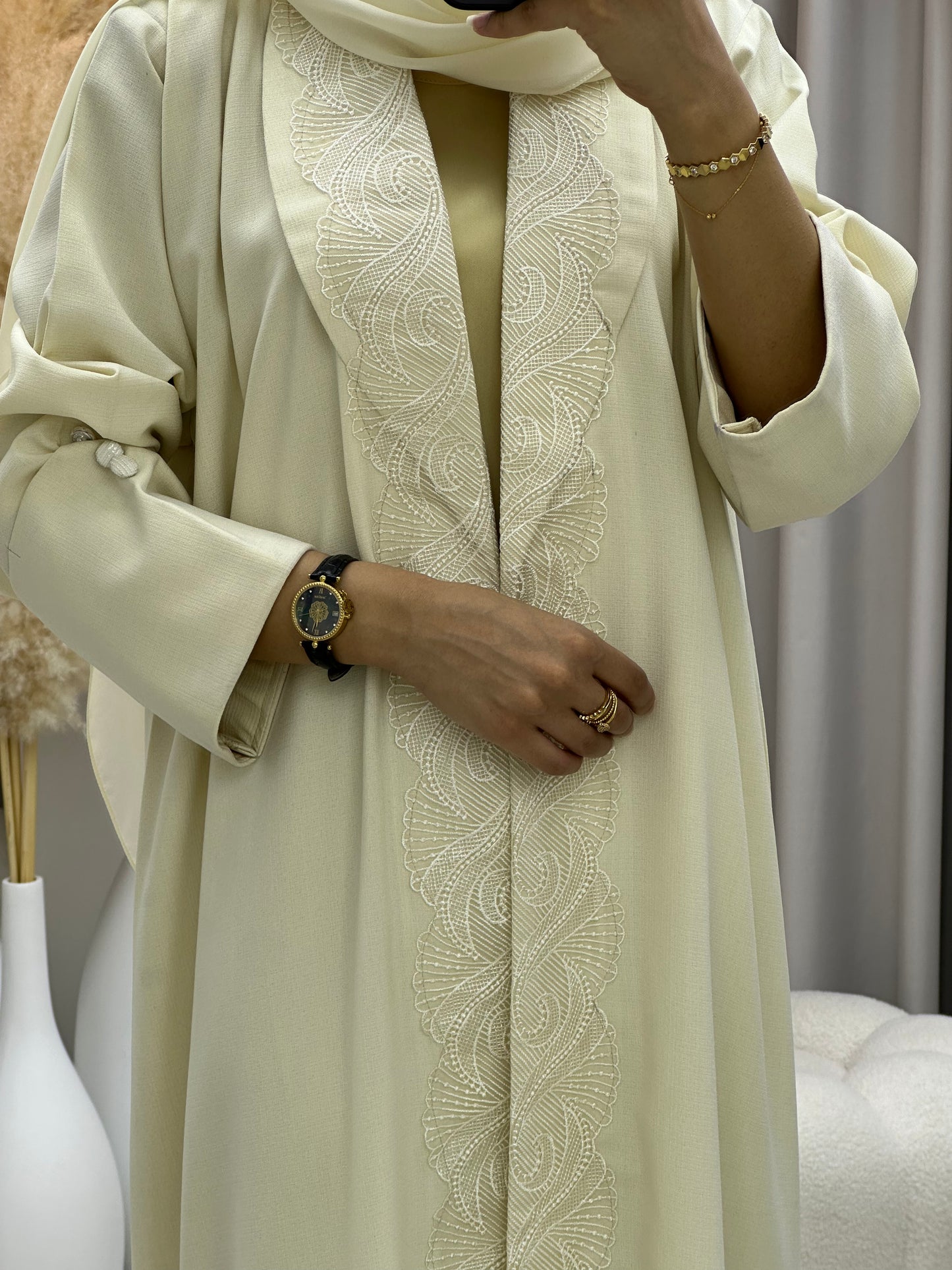 C 0437 Beige Embroidery Coat Abaya