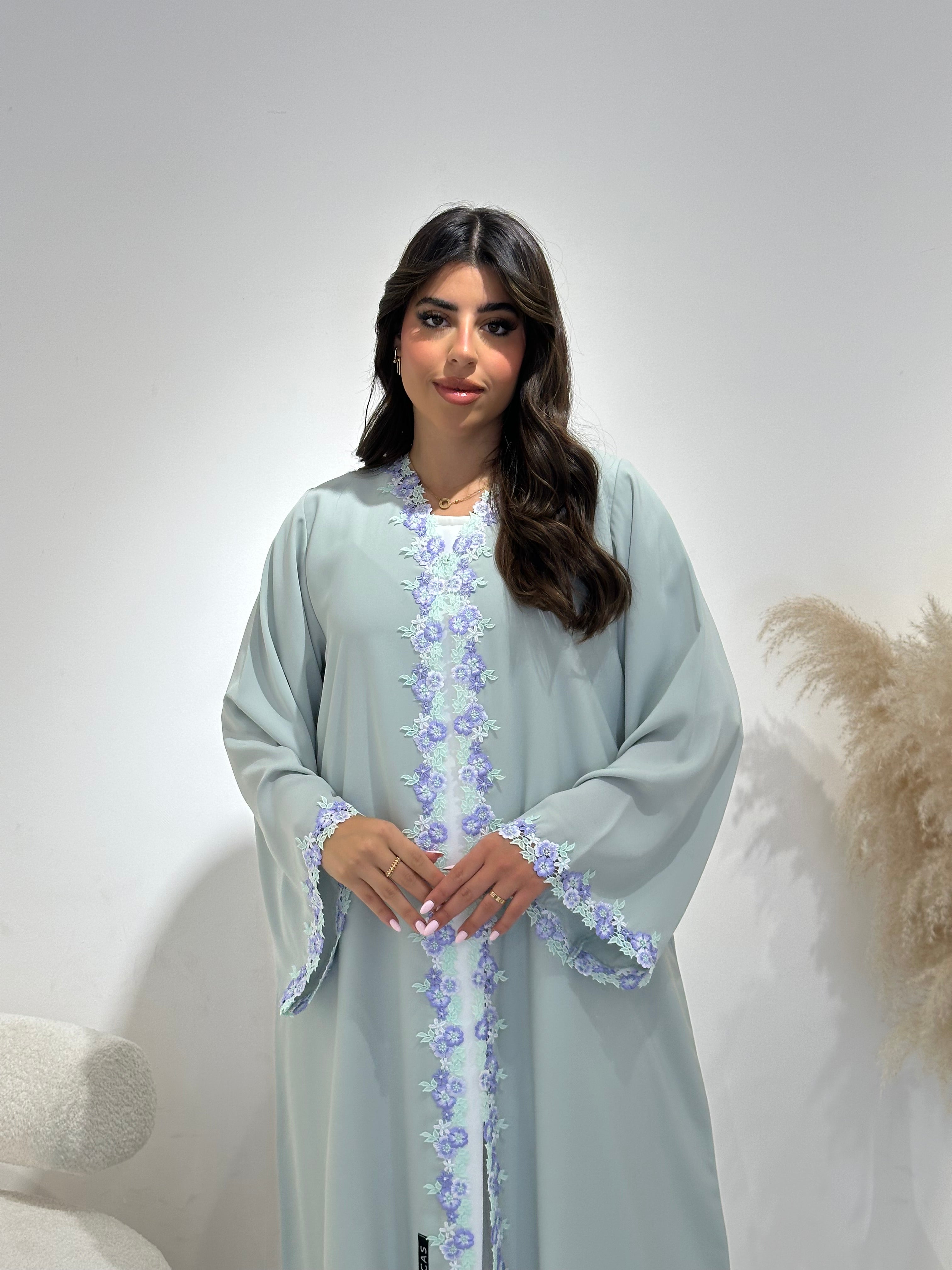 C 1417-01 Mint Floral Lace Abaya