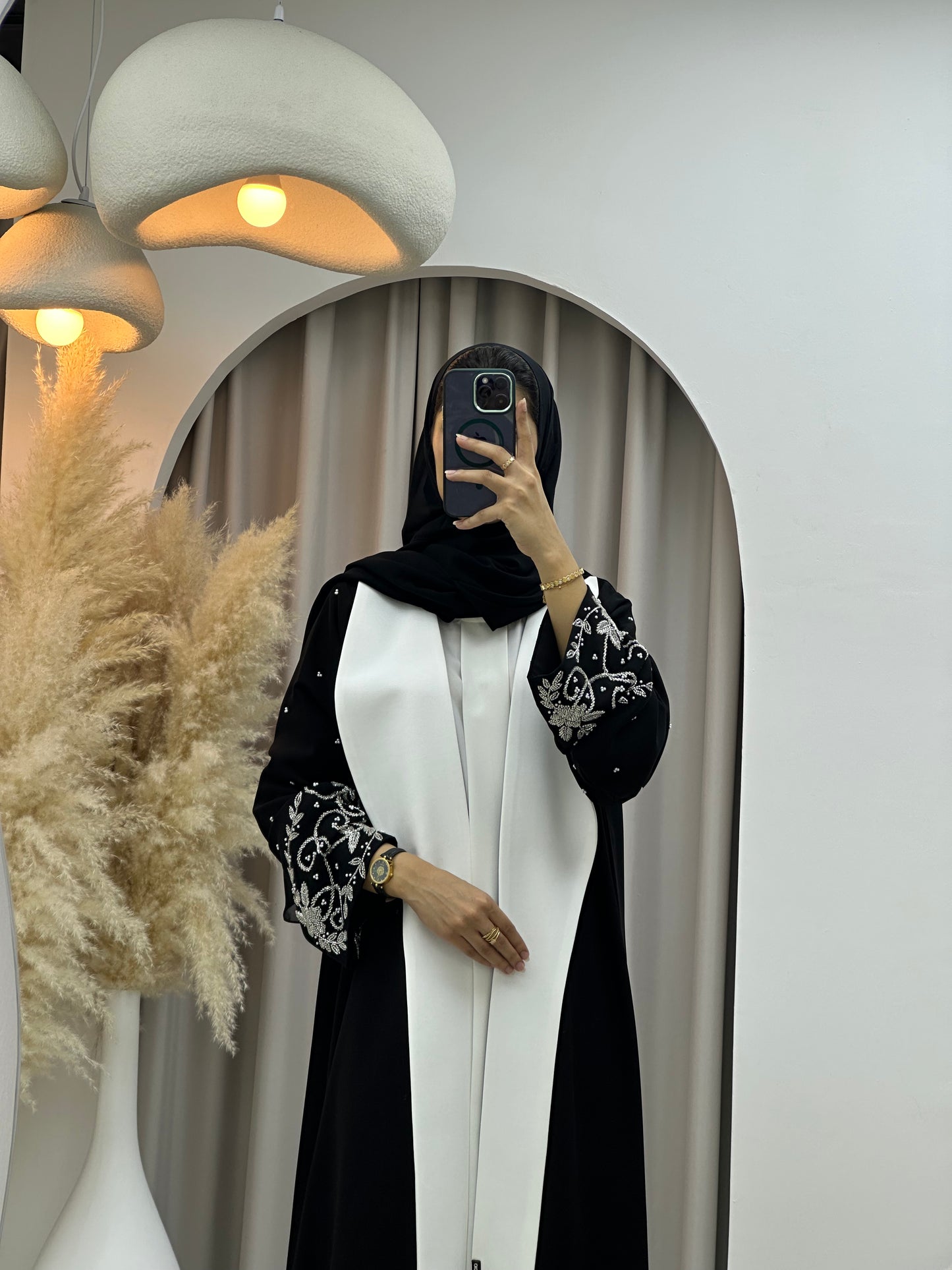 C 0430 Black White Beaded Abaya