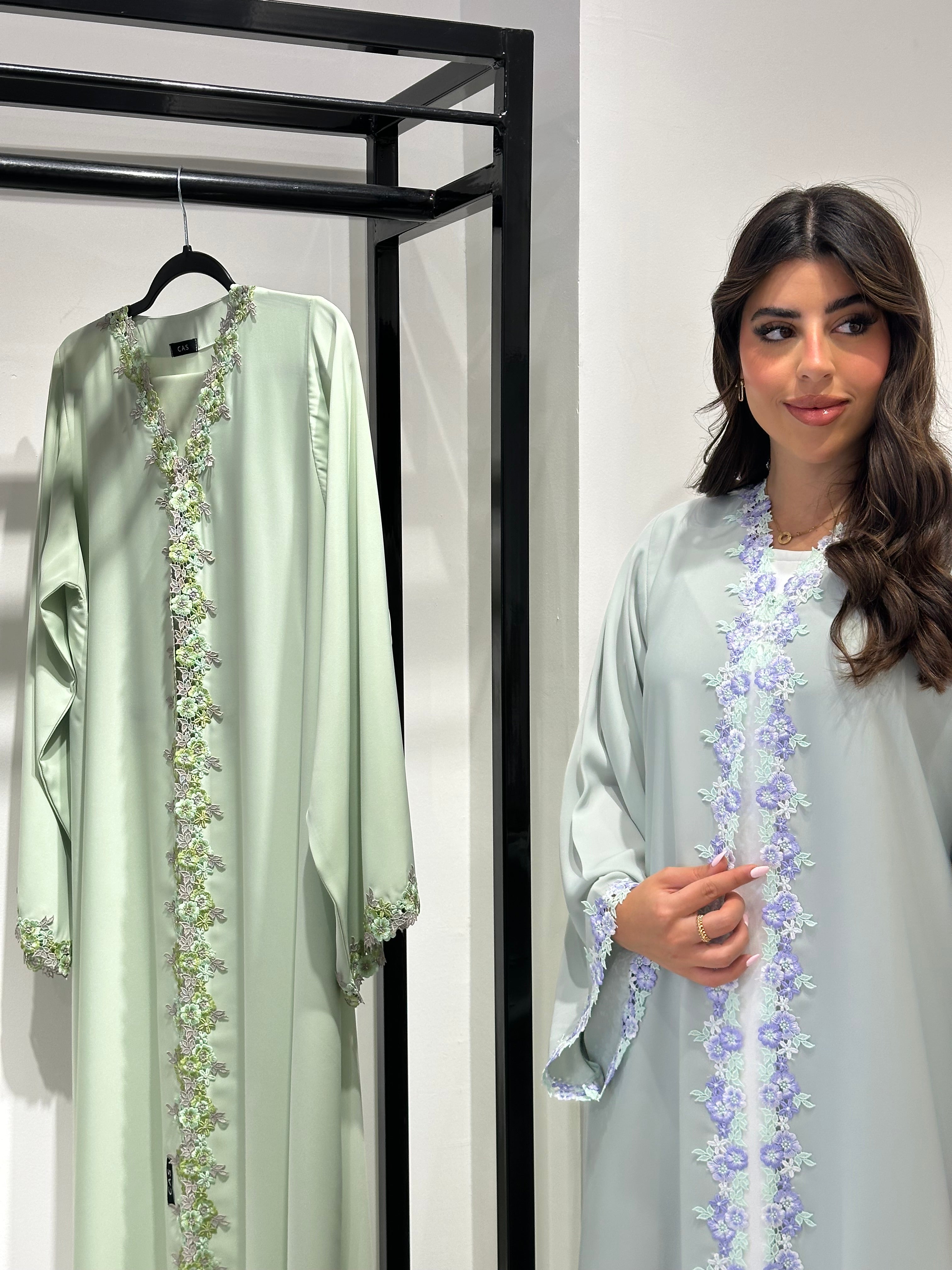 C 1417-01 Mint Floral Lace Abaya