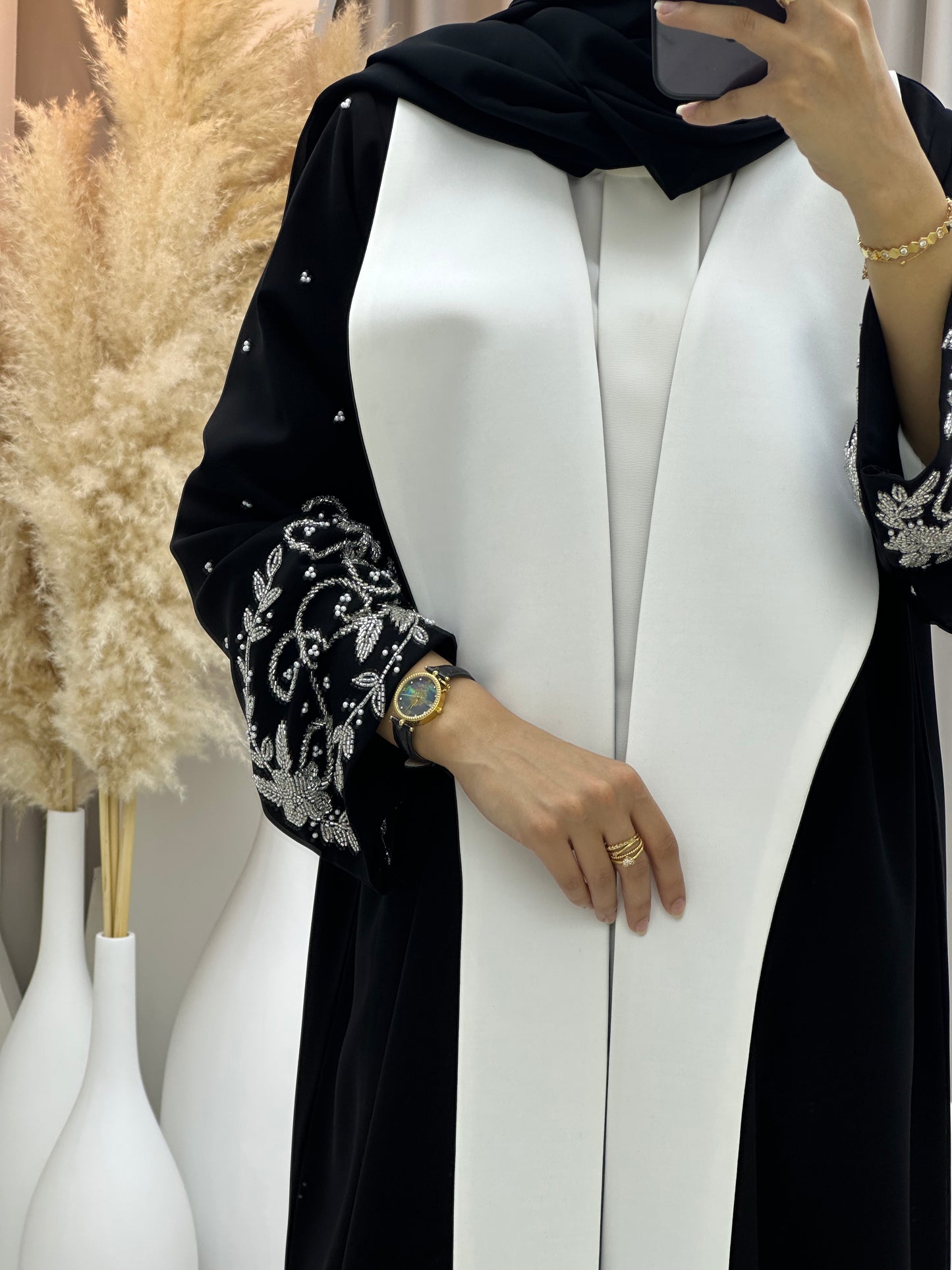 C 0430 Black White Beaded Abaya