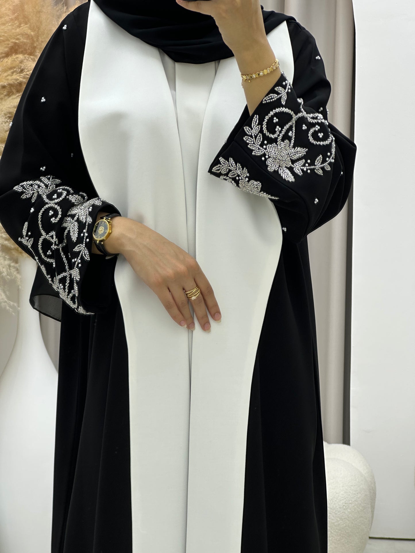 C 0430 Black White Beaded Abaya