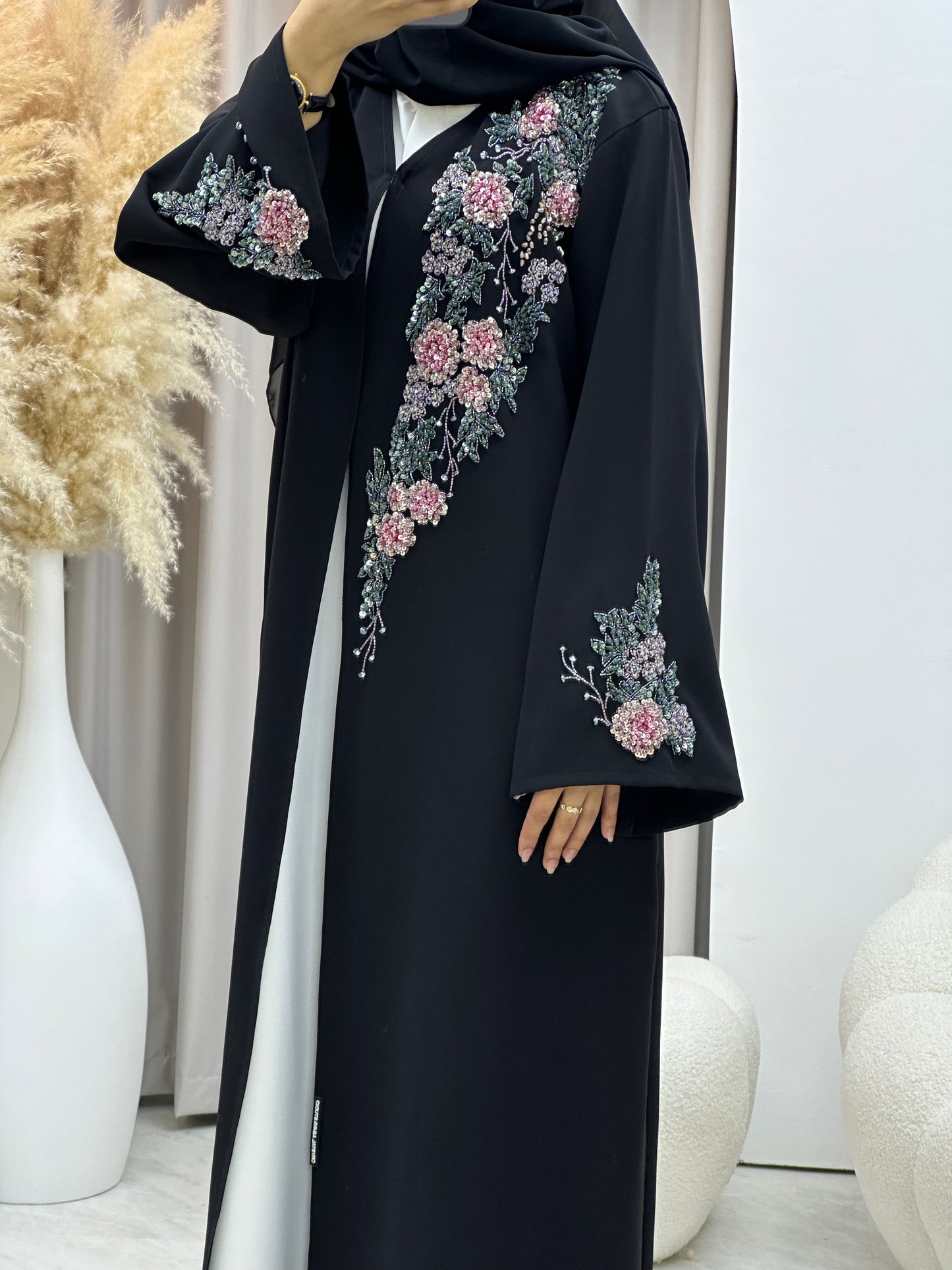 C 0435 Black Floral Beadwork Abaya