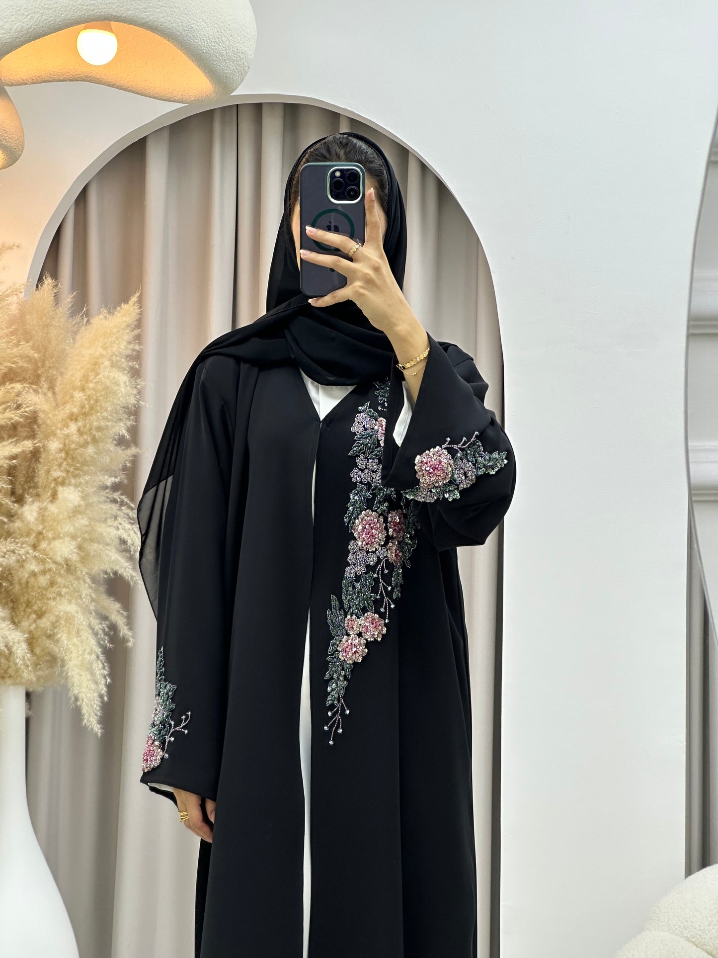 C 0435 Black Floral Beadwork Abaya