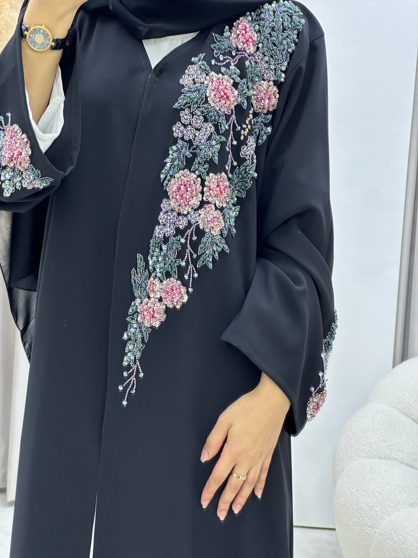 C 0435 Black Floral Beadwork Abaya