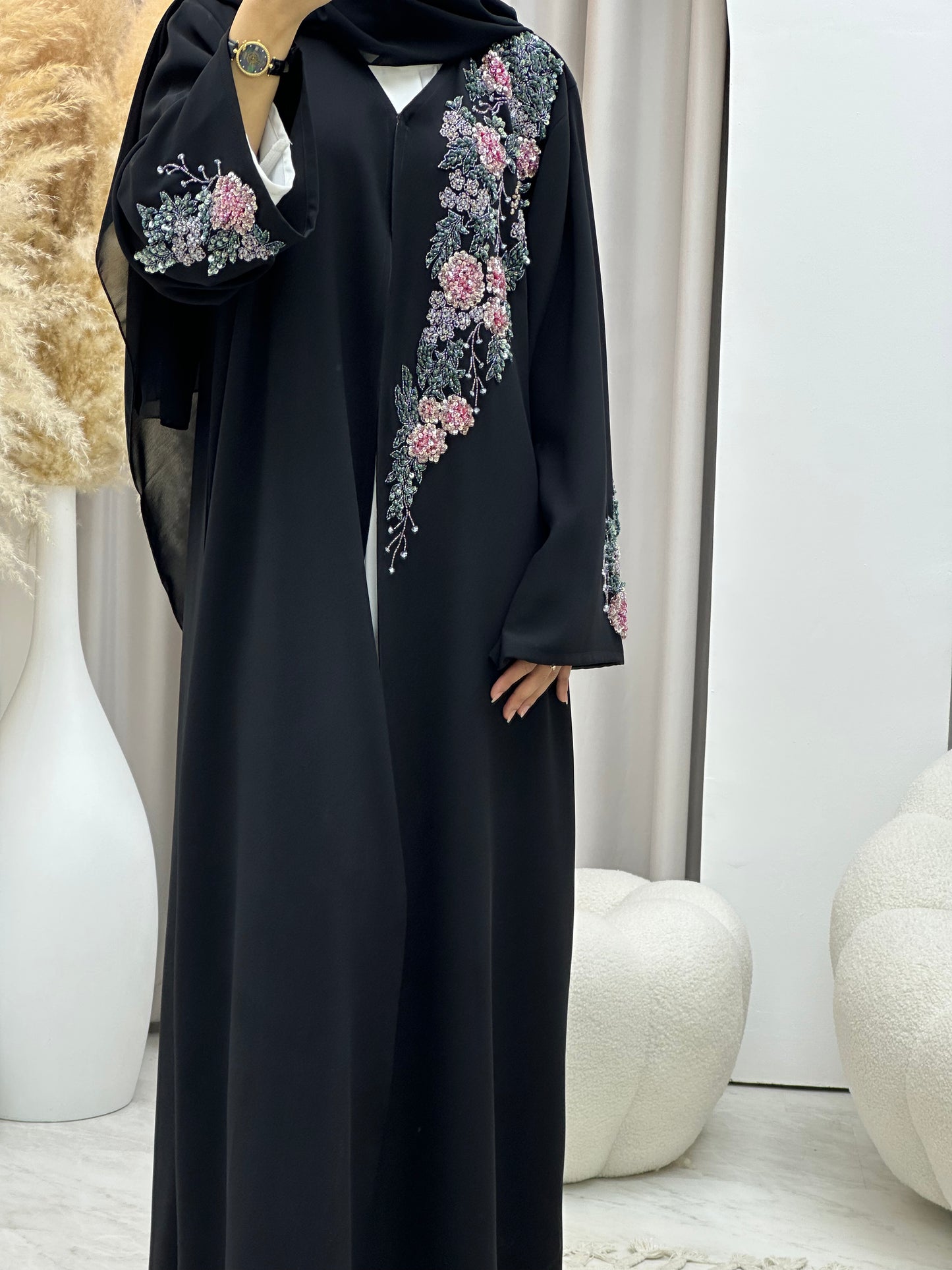 C 0435 Black Floral Beadwork Abaya