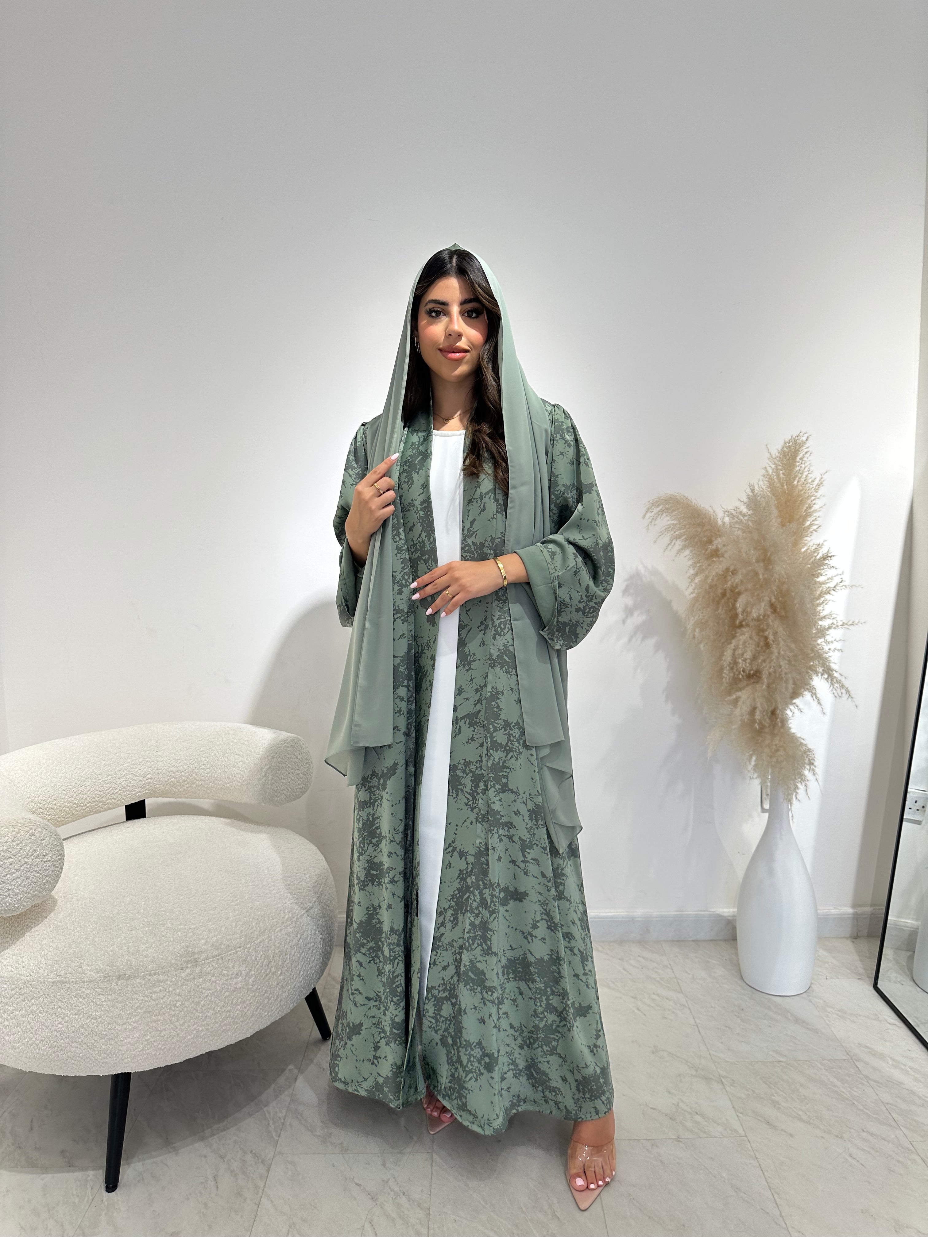 C 1414-01 Sea Green Printed Abaya
